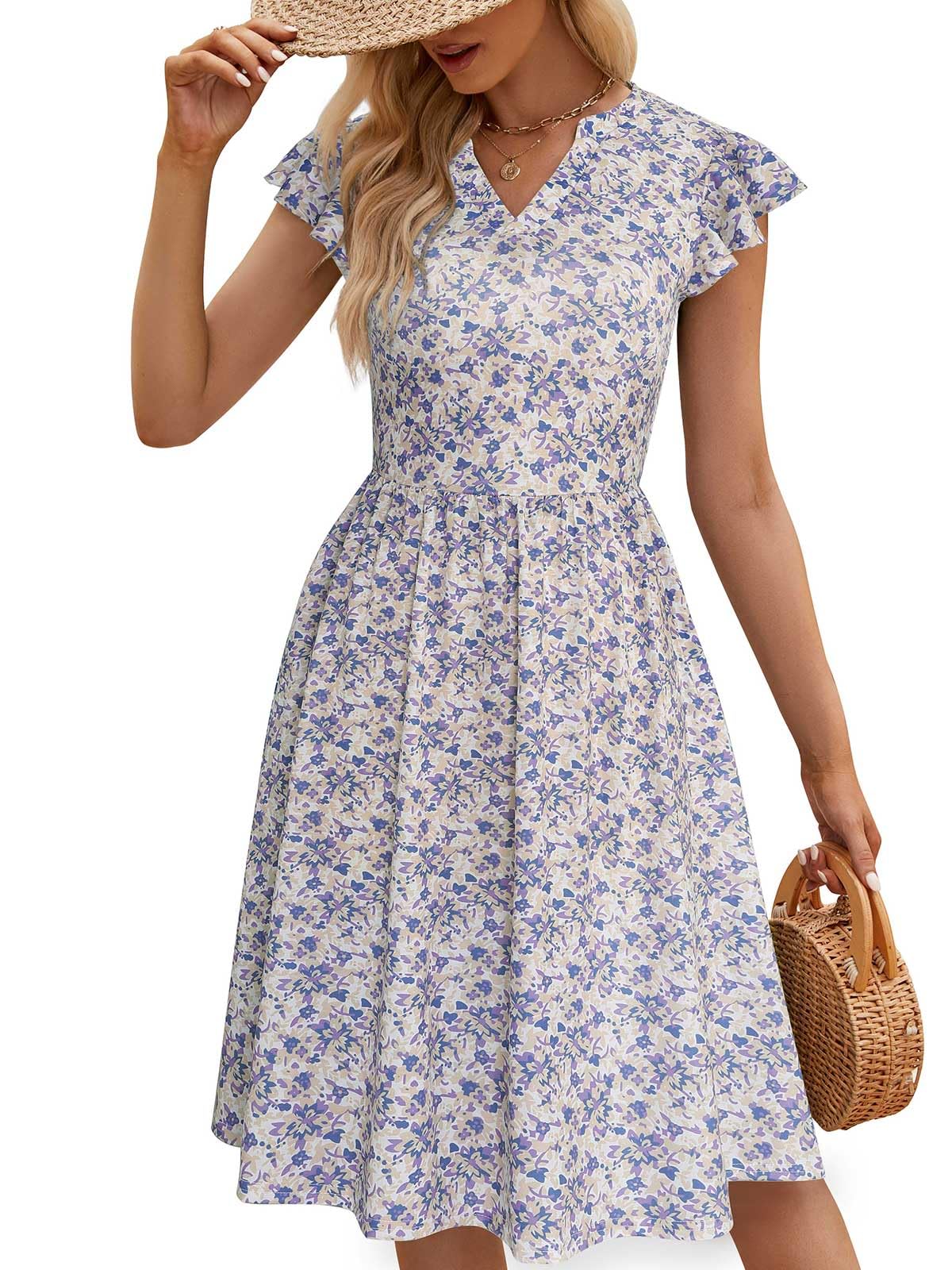 YATHON Women's Casual Floral Fit & Flare Dress - Cute Summer A-Line Knee-Length Dress with Cap Sleeves & Pockets | Perfect for Beach Outings, Brunch Dates & Summer Vacations