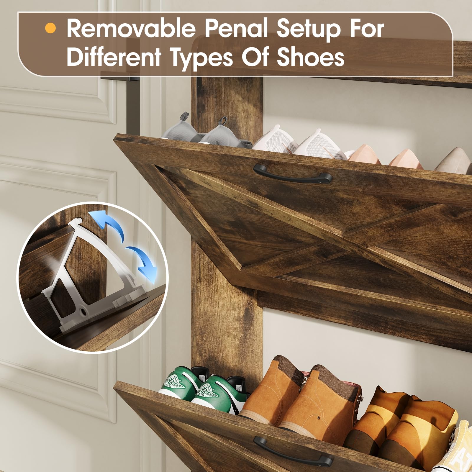 Maupvit Narrow Shoe Cabinet with 2 Flip Drawers - Slim Entryway Shoe Storage Organizer with Metal Legs | Farmhouse Style Free Standing Shoe Rack for Hallway, Closet & Small Spaces