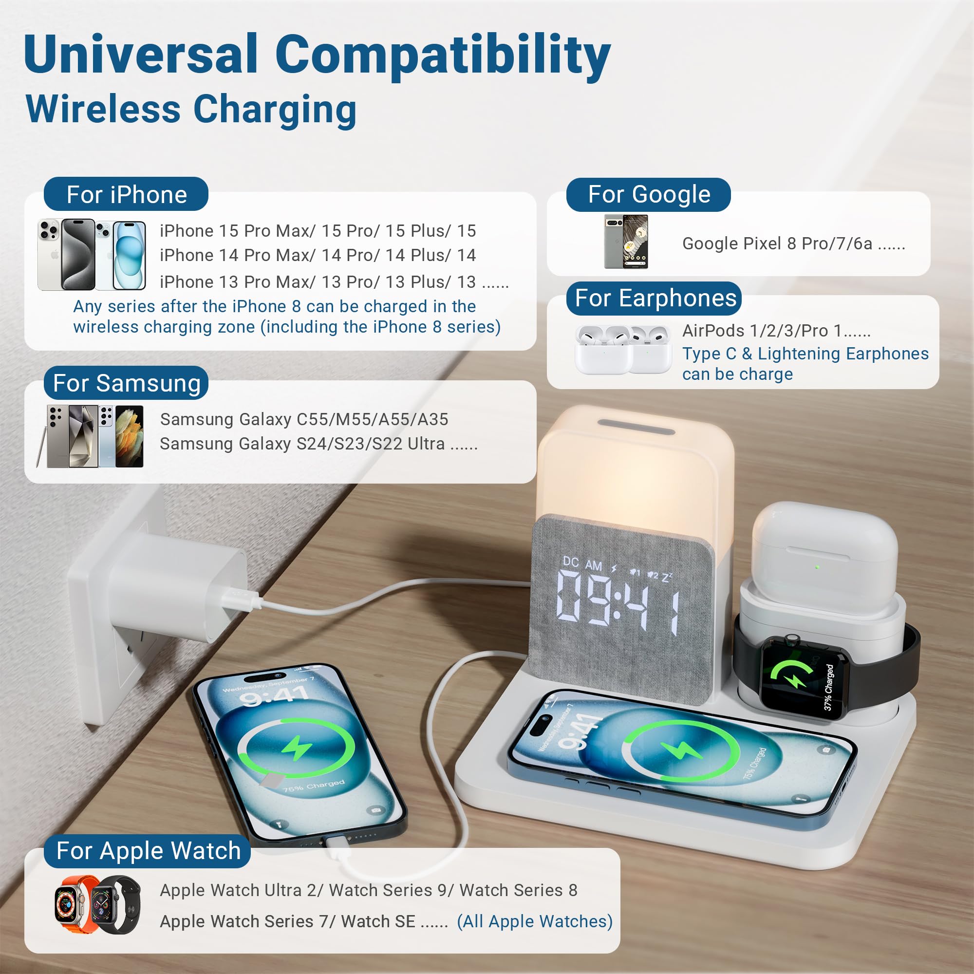 6-in-1 Wireless Charging Station with MagSafe 18W Fast Charging | Alarm Clock & Night Light | Compatible with iPhone 16/15/14/13/12/11/X/Pro Max, Apple Watch & AirPods | Perfect for Bedside, Office & Travel Charging