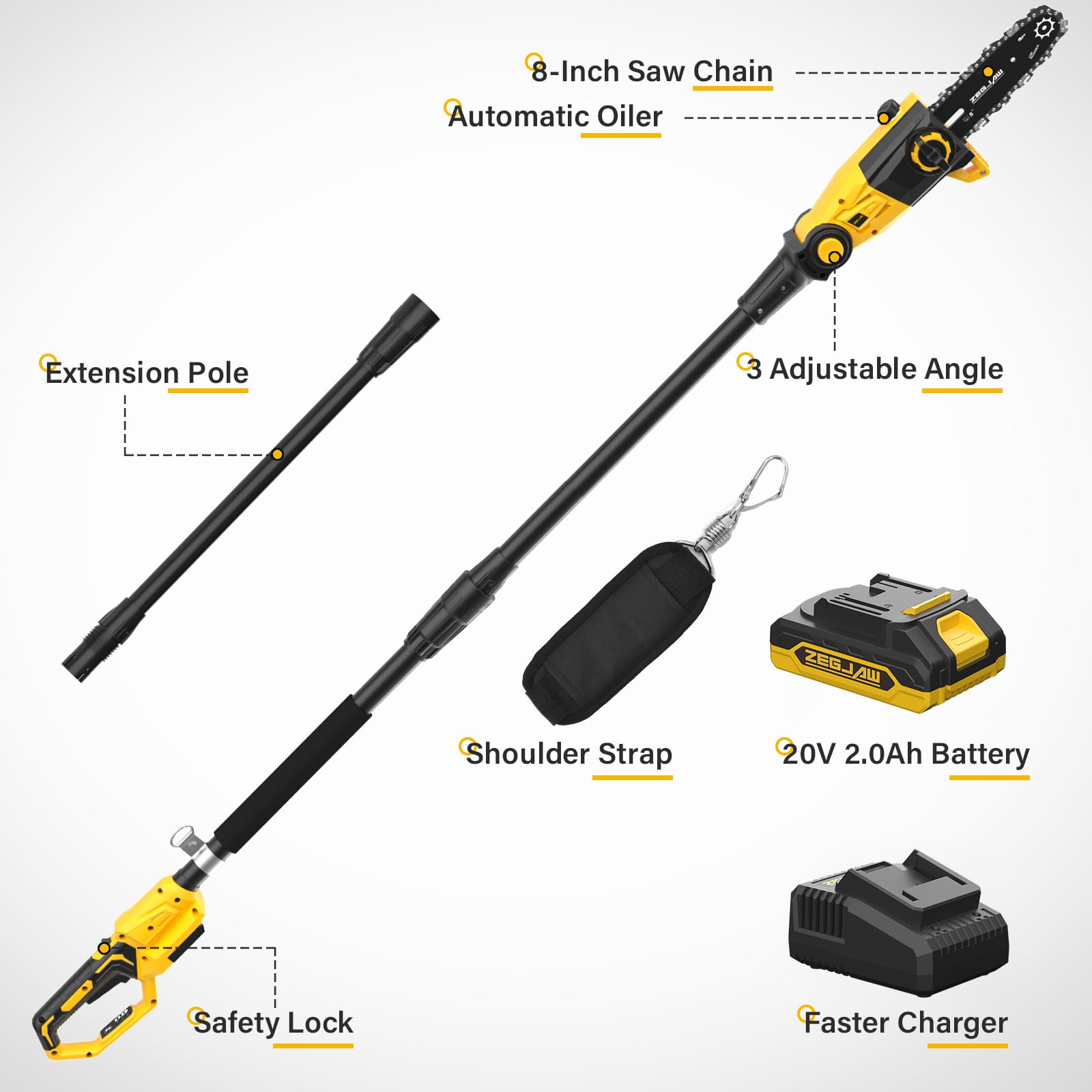 **8-Inch Cordless Pole Saw for Tree Trimming - 15-FT Max Reach, Auto Oiling, Tool-Less Electric Pole Trimmer with Battery & Fast Charger - Perfect for Landscaping, Gardening, and DIY Tree Pruning**