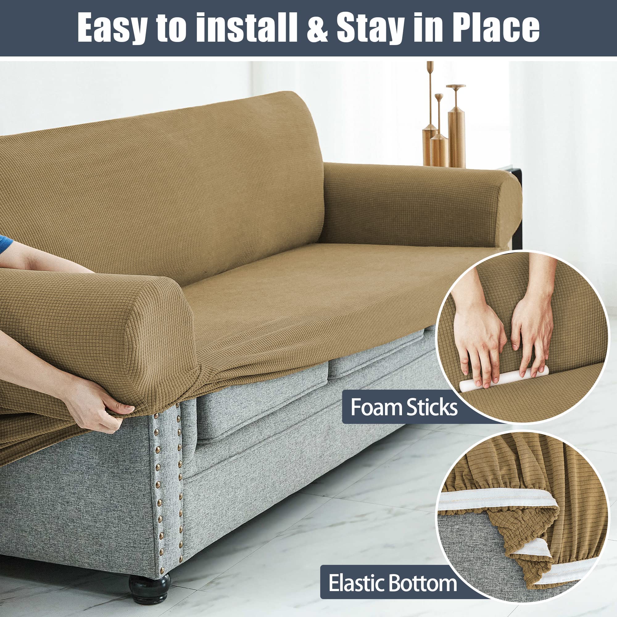 Stretch Sofa Slipcover - Waterproof Couch Cover, Soft Elastic Furniture Protector for Pets & Kids - Light Brown (Small) - Perfect for Living Room, Family Room & Pet-Friendly Homes