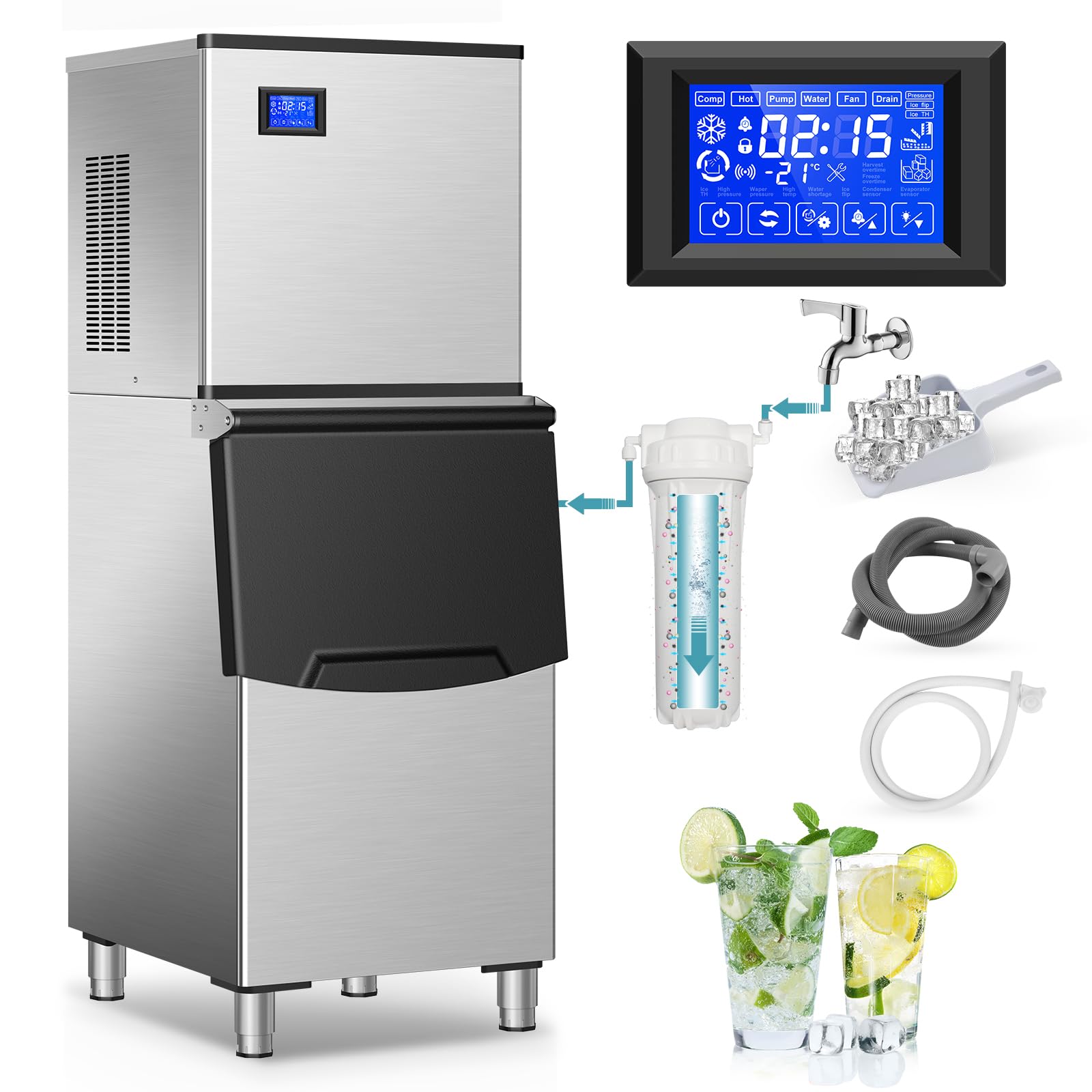 Commercial Ice Maker Machine 460Lbs/24H, Stainless Steel Industrial Ice Machine with 350Lbs Storage Bin - Produces 156 Clear Ice Cubes in 11 Minutes - Freestanding Ice Maker for Restaurants, Bars, Hotels, Cafes & Large Home Use