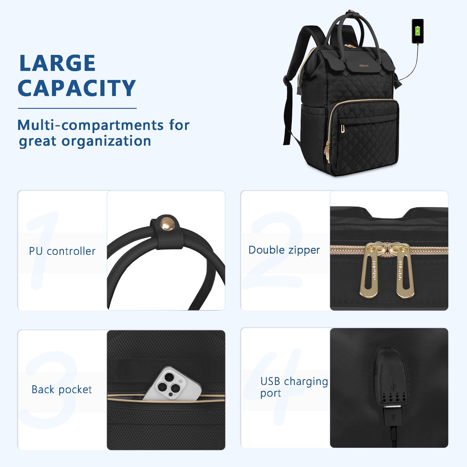 MOSISO 15.6 Inch Laptop Backpack for Women & Men - Stylish Rhombus Quilted USB Charging Travel Backpack with PU Handle, TSA Approved Carry-On Daypack for College, Work & Business - Perfect for Commuting, Air Travel & Daily Use (Black)