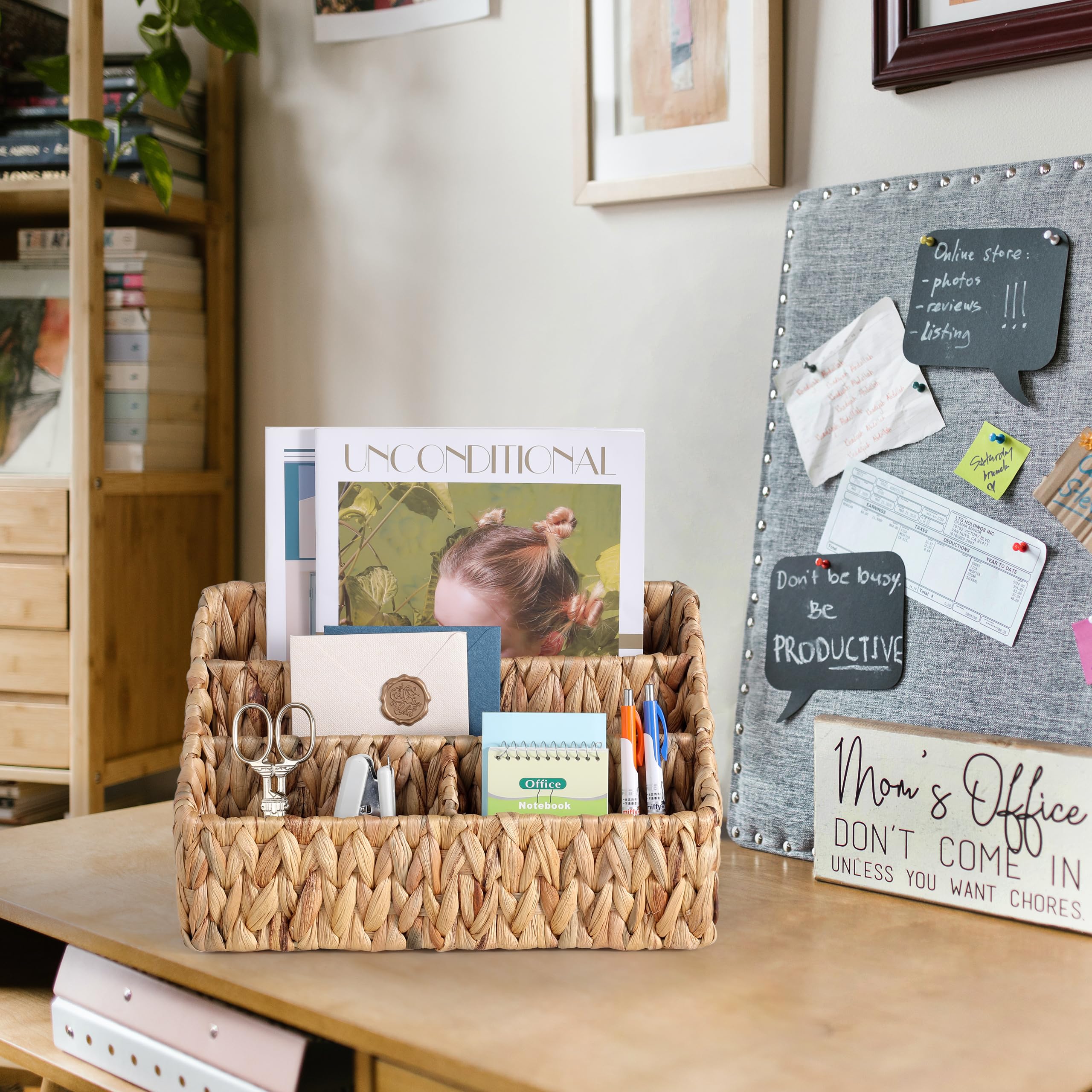 Natural Water Hyacinth Farmhouse Desk Organizer - Large Countertop Mail Holder & Tabletop Storage Basket | Perfect for Home Office, Kitchen Counter, Entryway Organization