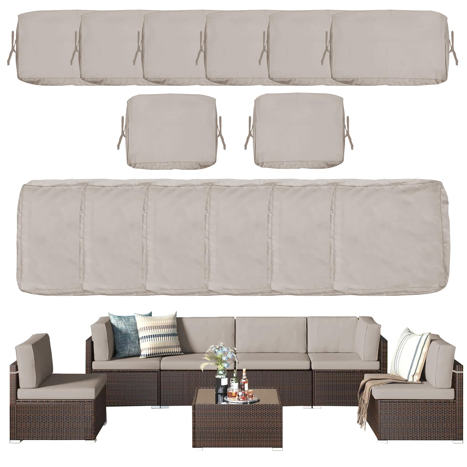 Waterproof Outdoor Cushion Covers Set of 14 - Washable Patio Furniture Covers with Zipper & Ties for Wicker Rattan Sectional Sofa Chairs (Khaki) | Perfect for Backyard, Poolside & Garden Decor