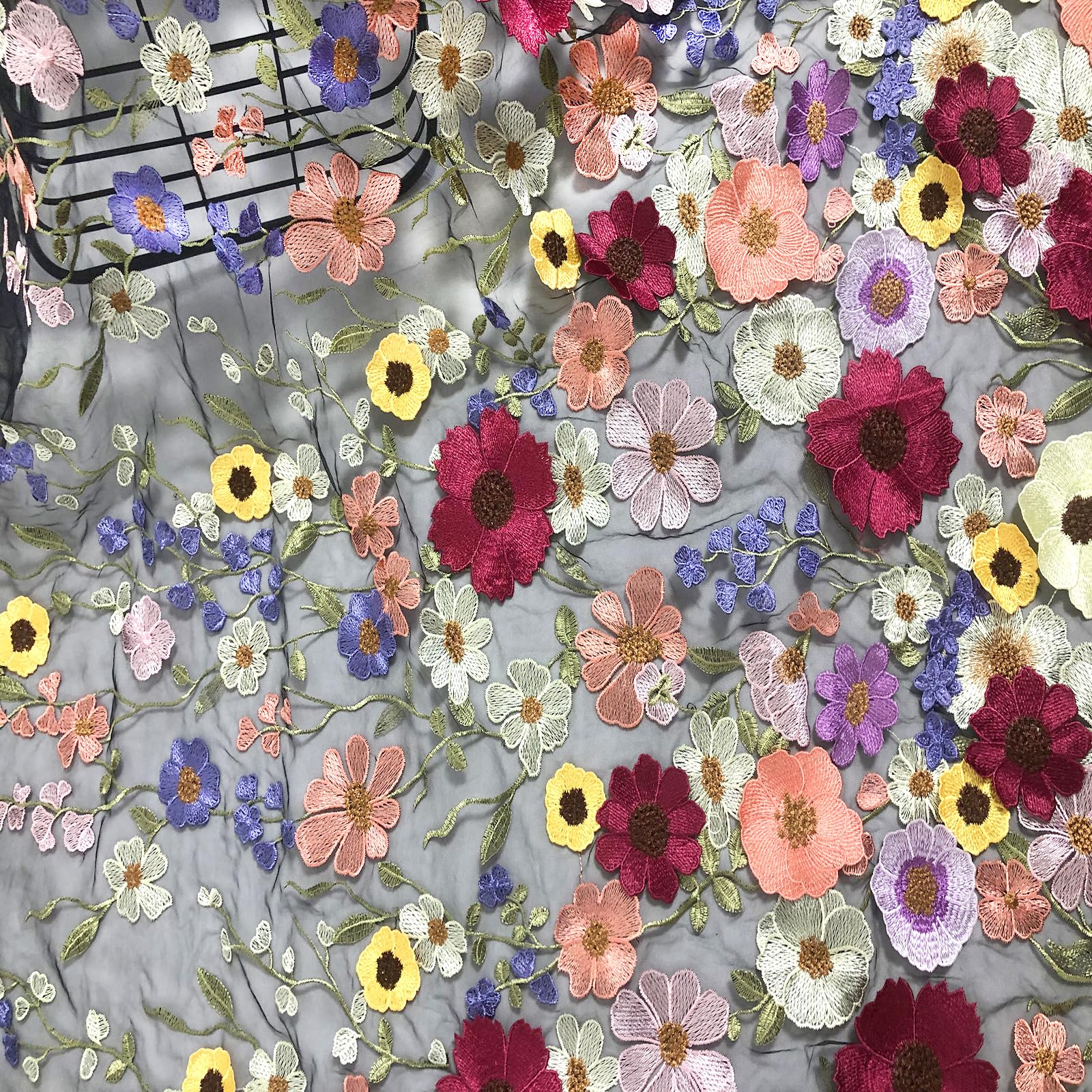 3D Sunflower Embroidery Black Mesh Lace Fabric by Yard - DIY Craft Material for Wedding Veils, Dresses, Home Decor (1 Yard, Black) | Perfect for Bridal Accessories, Costume Design & Scrapbooking Projects