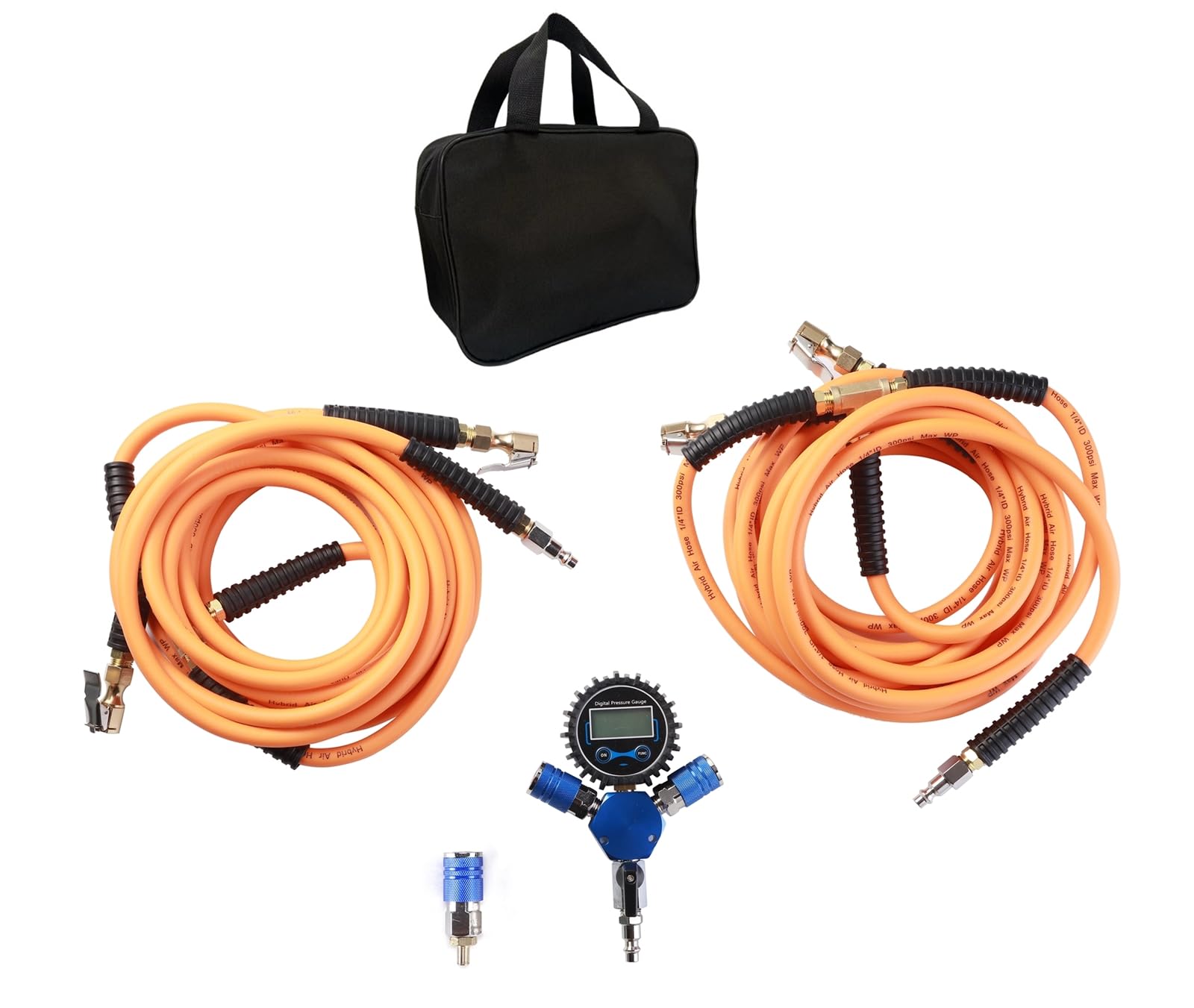 Outran High Flow 4 Tire Inflation Deflation System - 300psi Flexible Hybrid Air Hose Kit with Digital Pressure Gauge & Closed Flow Chuck | Fast Tire Inflation for Trucks, SUVs, Off-Road Vehicles & Emergency Roadside Use