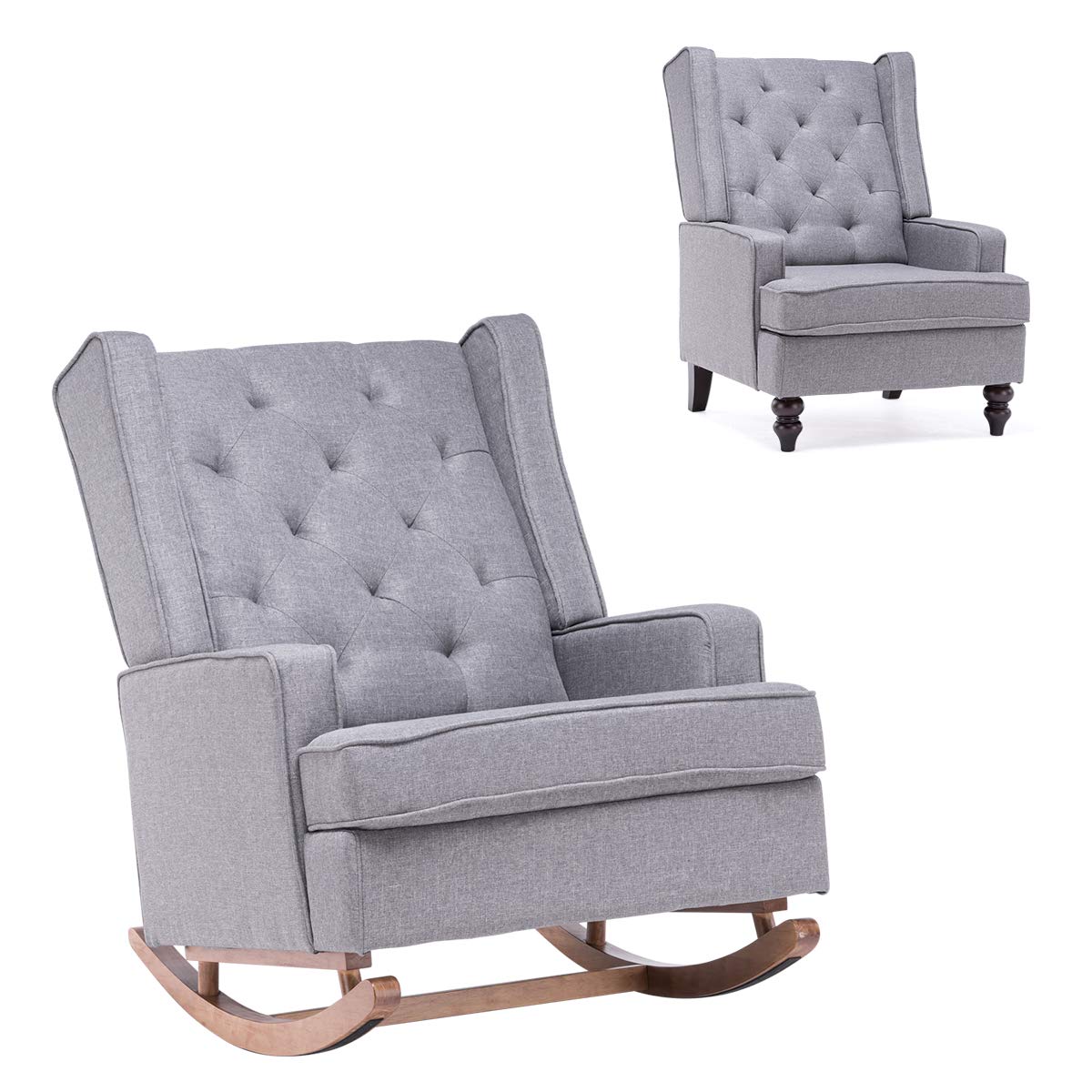 YOLENY Mid Century Modern Rocking Chair with 2 Sets of Legs - Linen Fabric Glider Rocker with Padded Seat, Upholstered Accent Chair for Living Room, Bedroom, Nursery (Gray) - Perfect for Relaxing, Reading & Nursing