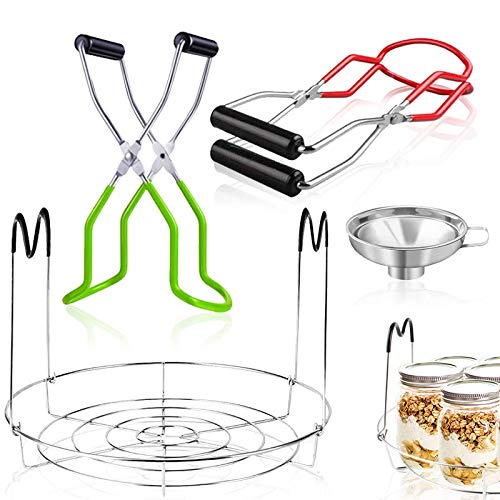 Stainless Steel Canning Jar Lifter Tongs with Canning Rack & Funnel Set - Kitchen Canning Tools for Home Preserving, Pickling, Jam Making - Perfect for Mason Jars, Home Canning & Food Storage