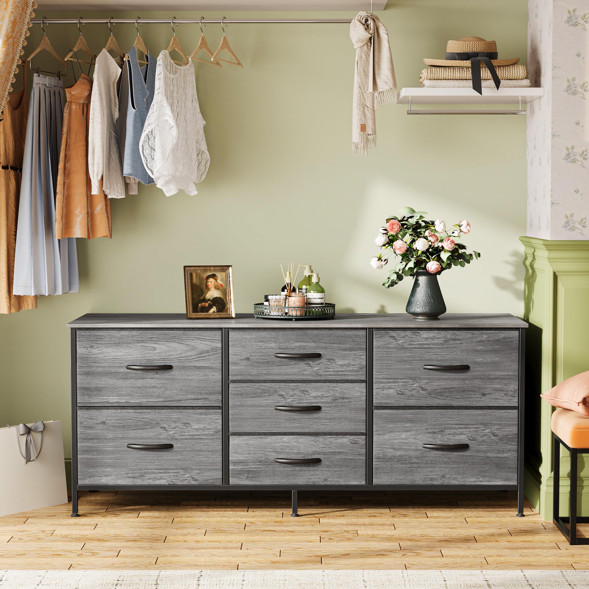 Huuger 7-Drawer Fabric Dresser with Metal Frame - 47 Inch Wide TV Stand for 43-55 Inch TVs, Bedroom Storage Organizer for Clothes, Toys & Accessories - Perfect for Small Spaces & Apartment Living (Grey)