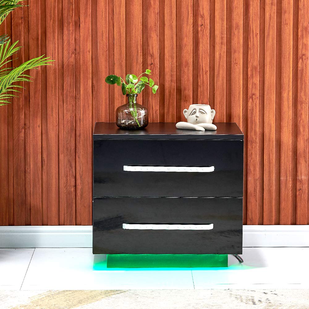Black Glossy Nightstand with 2 Drawers & LED Lights - Bedroom & Living Room Side Table