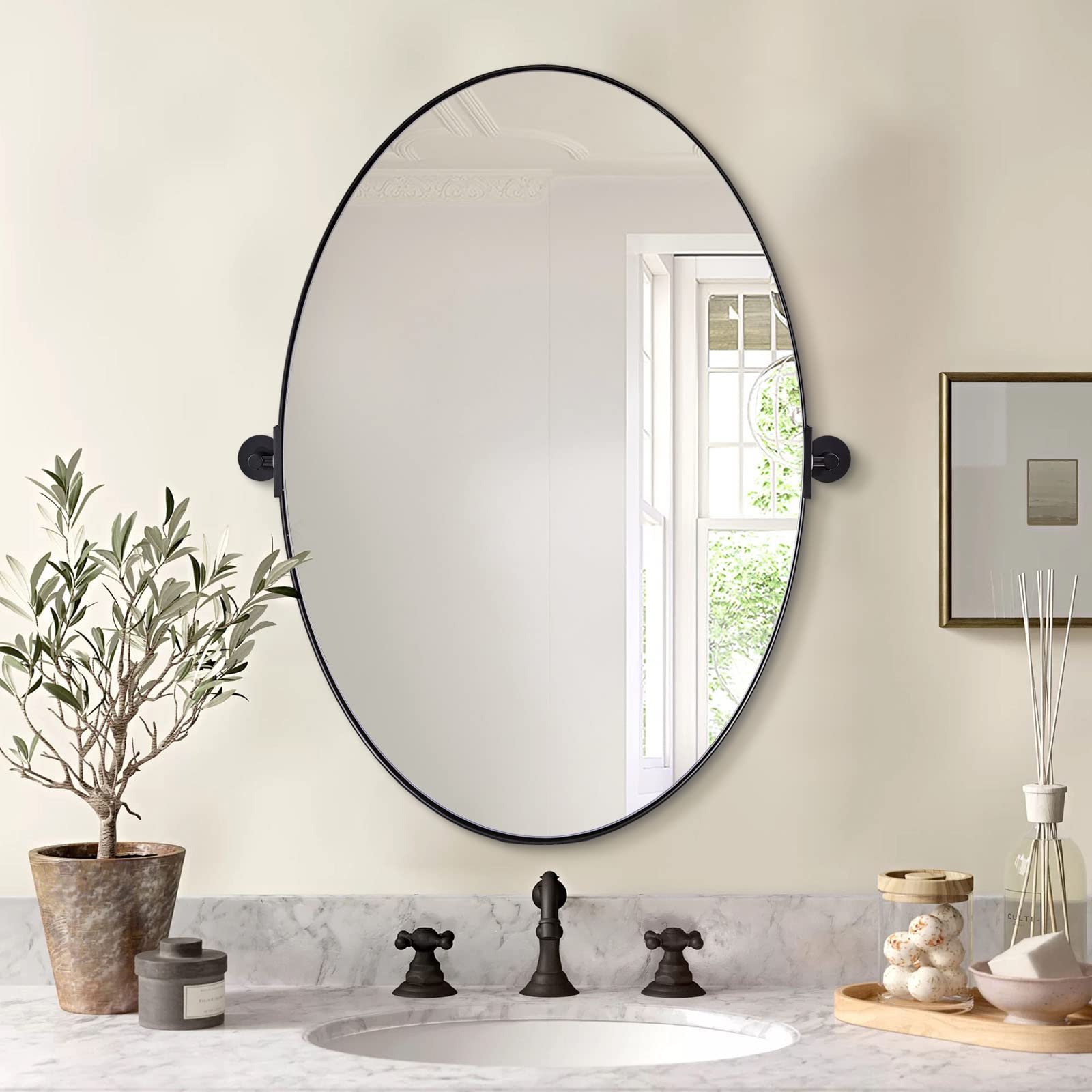 ANDY STAR Black Oval Pivot Bathroom Mirror - Matte Black Stainless Steel Frame, Tilting Vanity Wall Mirror for Vertical or Horizontal Hanging - Perfect for Modern Bathrooms, Bedrooms, and Dressing Areas