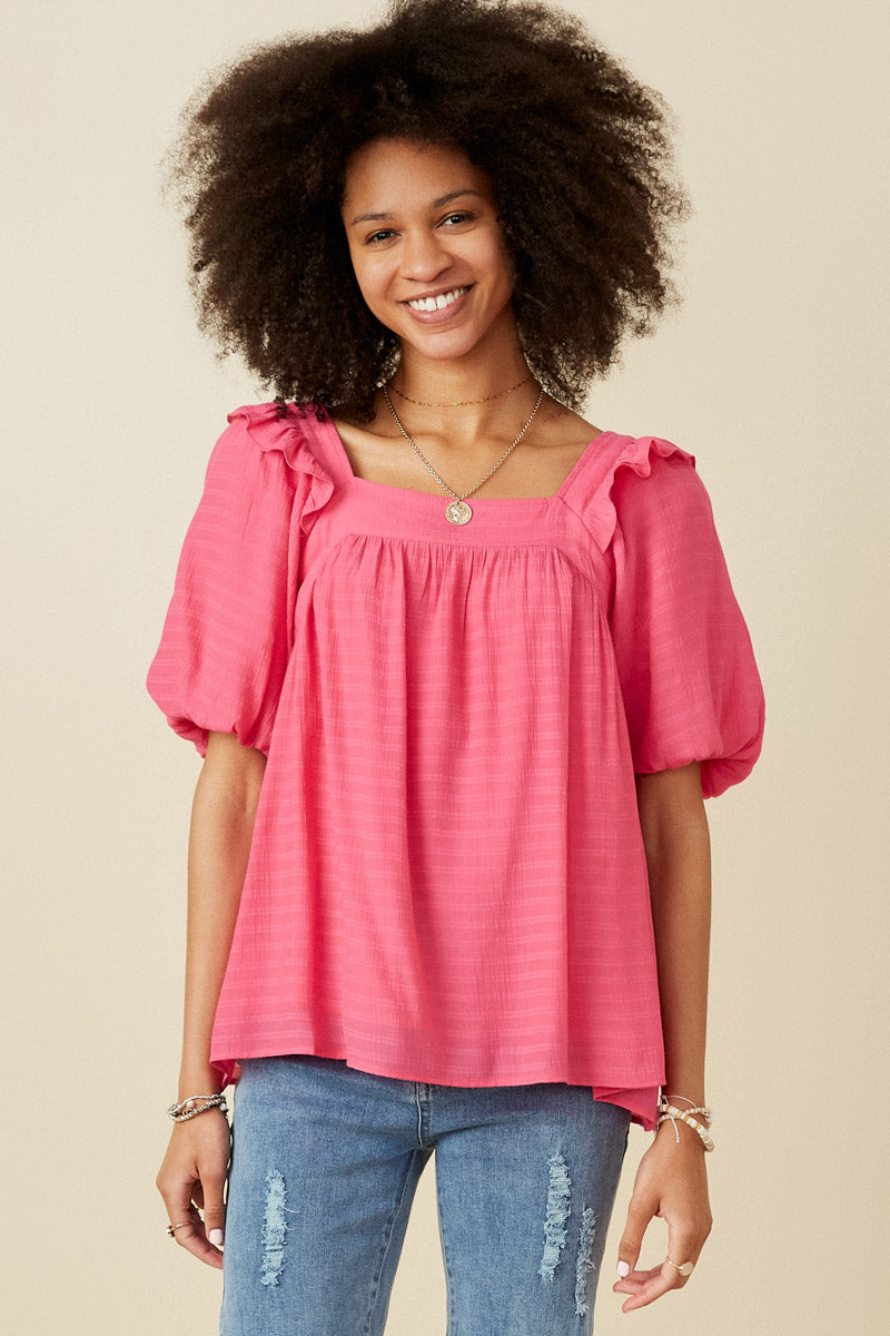 Square Neck Ruffle Shoulder Textured Blouse - Women's Elegant Casual Tops for Office, Date Night & Spring Outfits