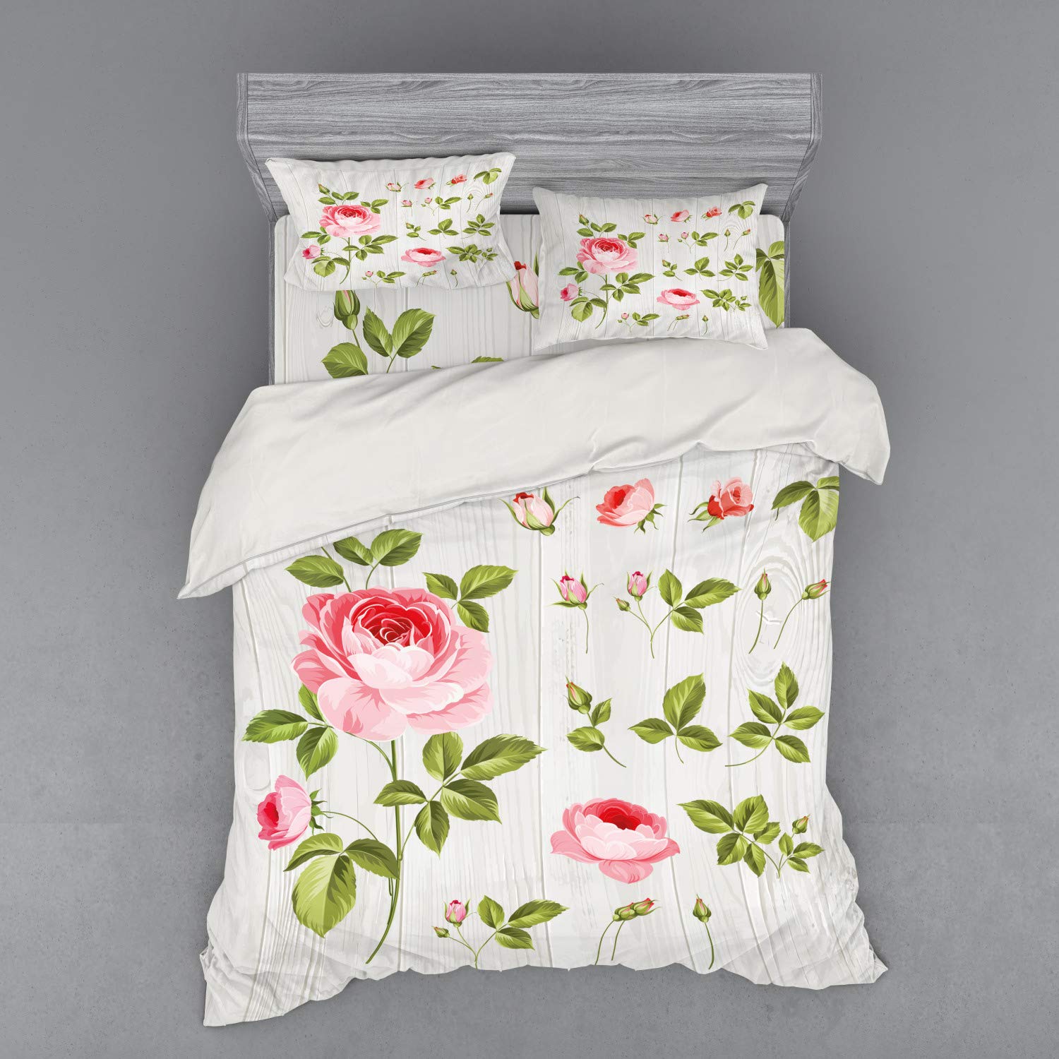 Ambesonne Floral Duvet Cover Set - Vintage Rose Petals Design Queen Size 3-Piece Bedding Set with Sham & Fitted Sheet in Pale Pink Khaki | Romantic Wedding Bedroom Decor for Master & Guest Rooms