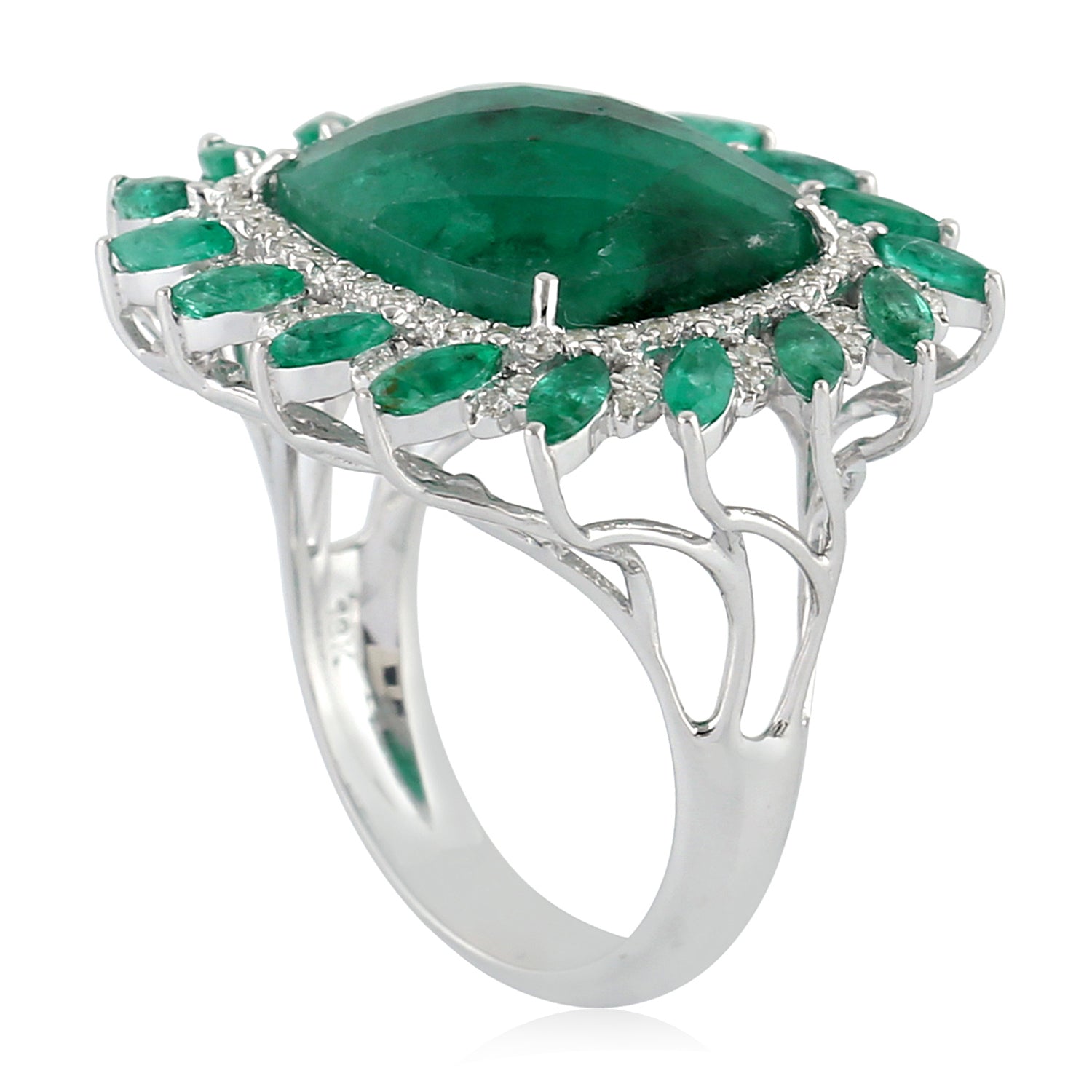 18K White Gold Marquise Cut Emerald and Pave Diamond Cocktail Ring for Women - Elegant Evening Wear & Special Occasion Jewelry Gift