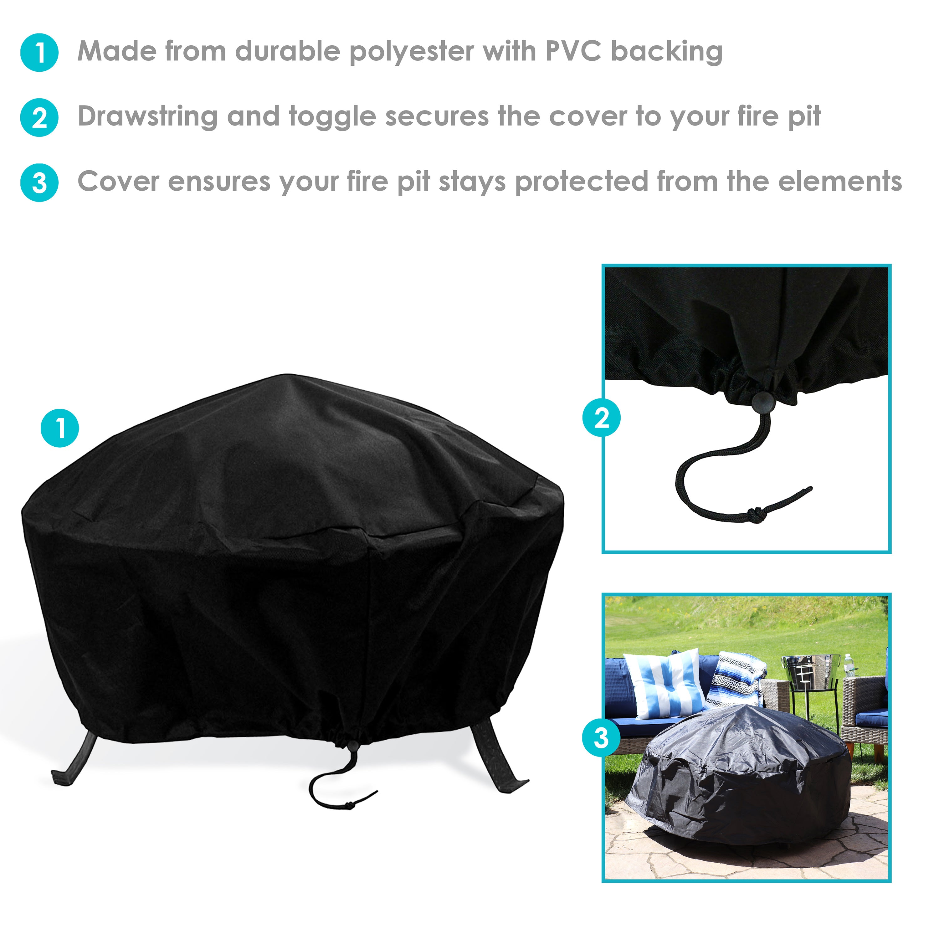 Heavy Duty Round Fire Pit Cover with Drawstring Closure - Weatherproof Outdoor Protection for Patio, Deck, and Backyard Fire Pits