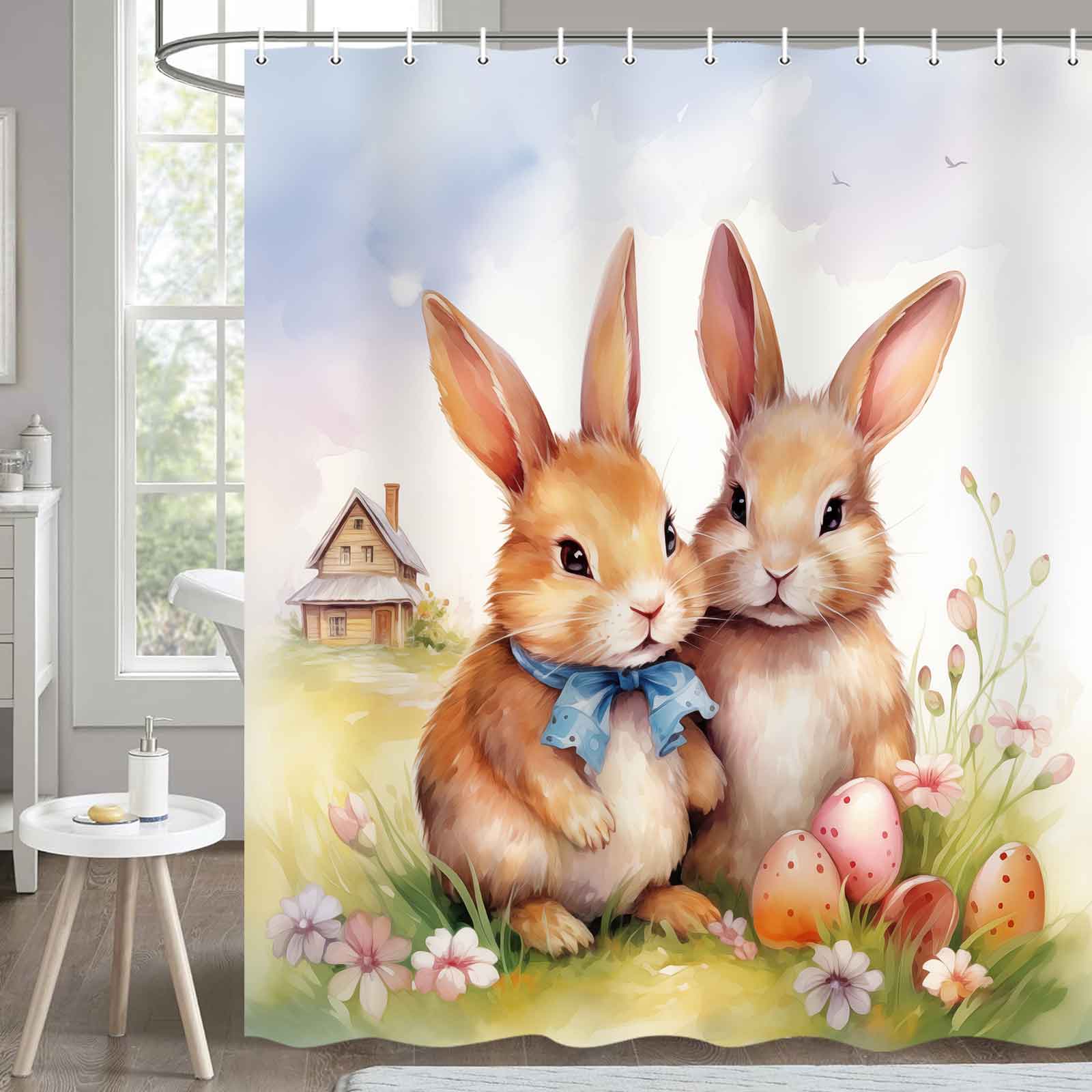 Easter Shower Curtain - Cute Bunny Rabbit Design with Farmhouse Floral Pattern | Spring Home Decor Bathroom Set (71x71 Inches) | Perfect for Easter Decorations, Farmhouse Bathroom, and Spring Themed Home Décor