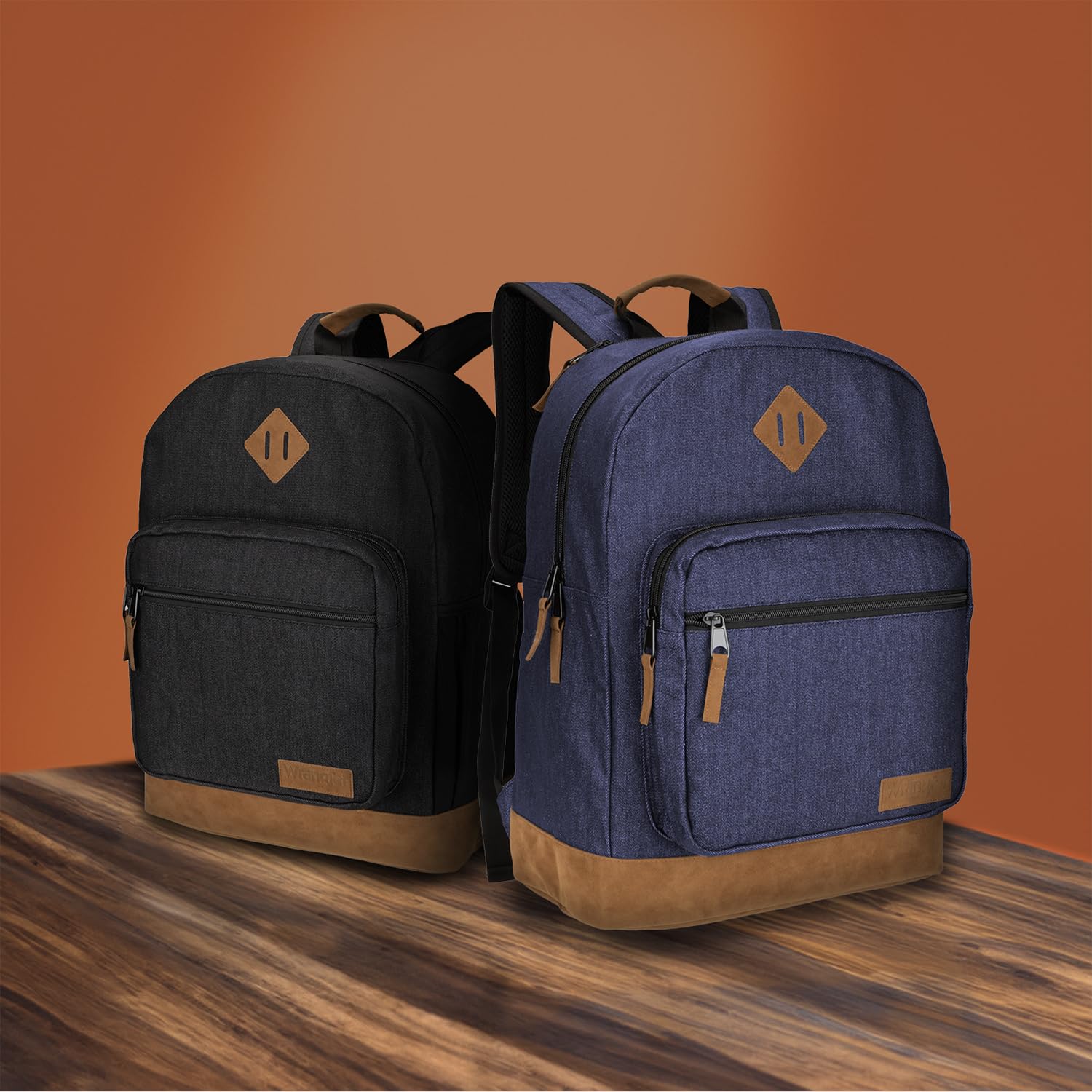 Wrangler Yellowstone Genuine Denim Backpack - Durable Travel Daypack with Padded Laptop Sleeve (15.6 Inch), Classic Logo Design - Navy Blue Denim - Perfect for School, Work, Hiking & Outdoor Adventures
