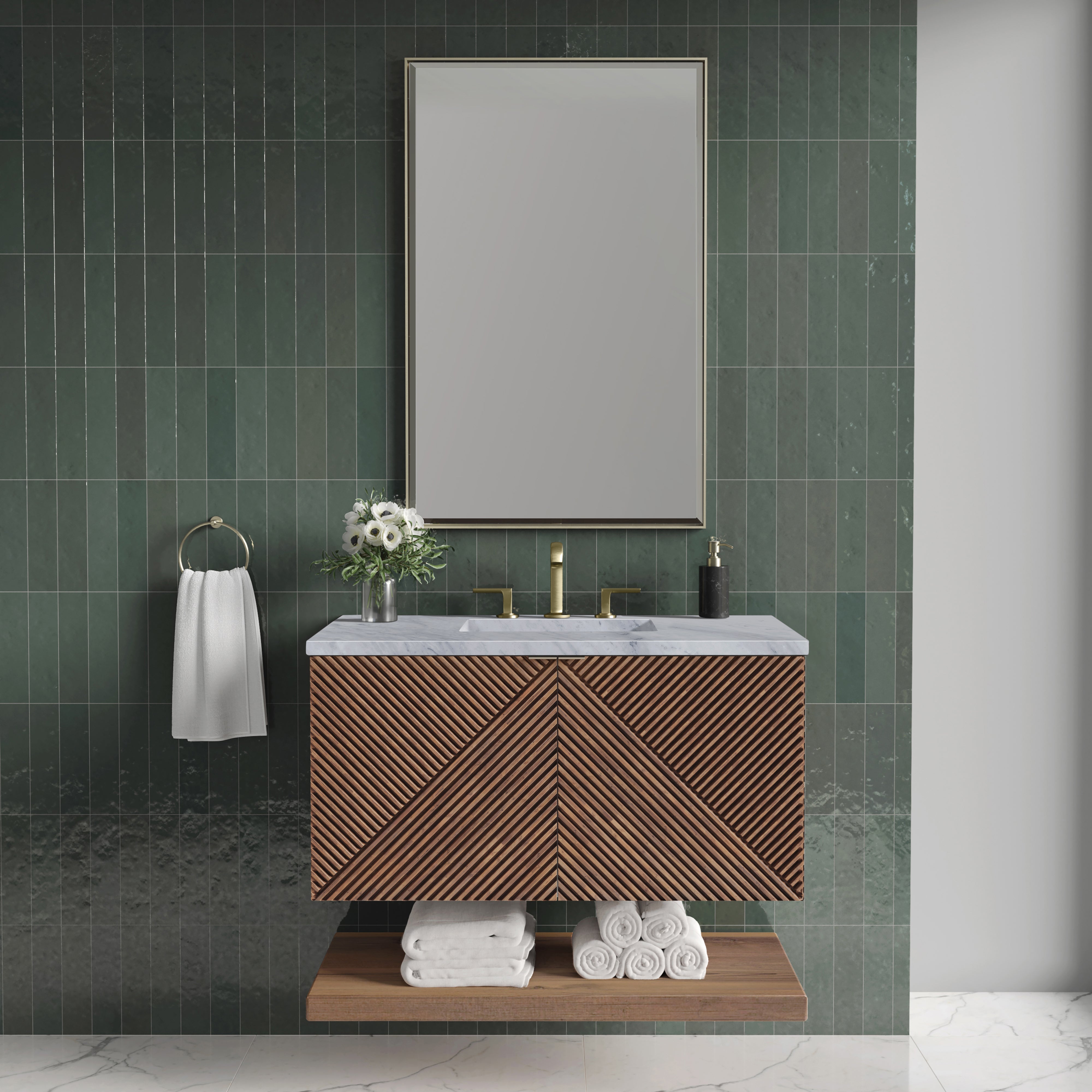 Marcello 36 Inch Single Bathroom Vanity with Carrara Marble Top - Chestnut Finish for Modern Home Decor | Perfect for Small Bathrooms & Powder Rooms
