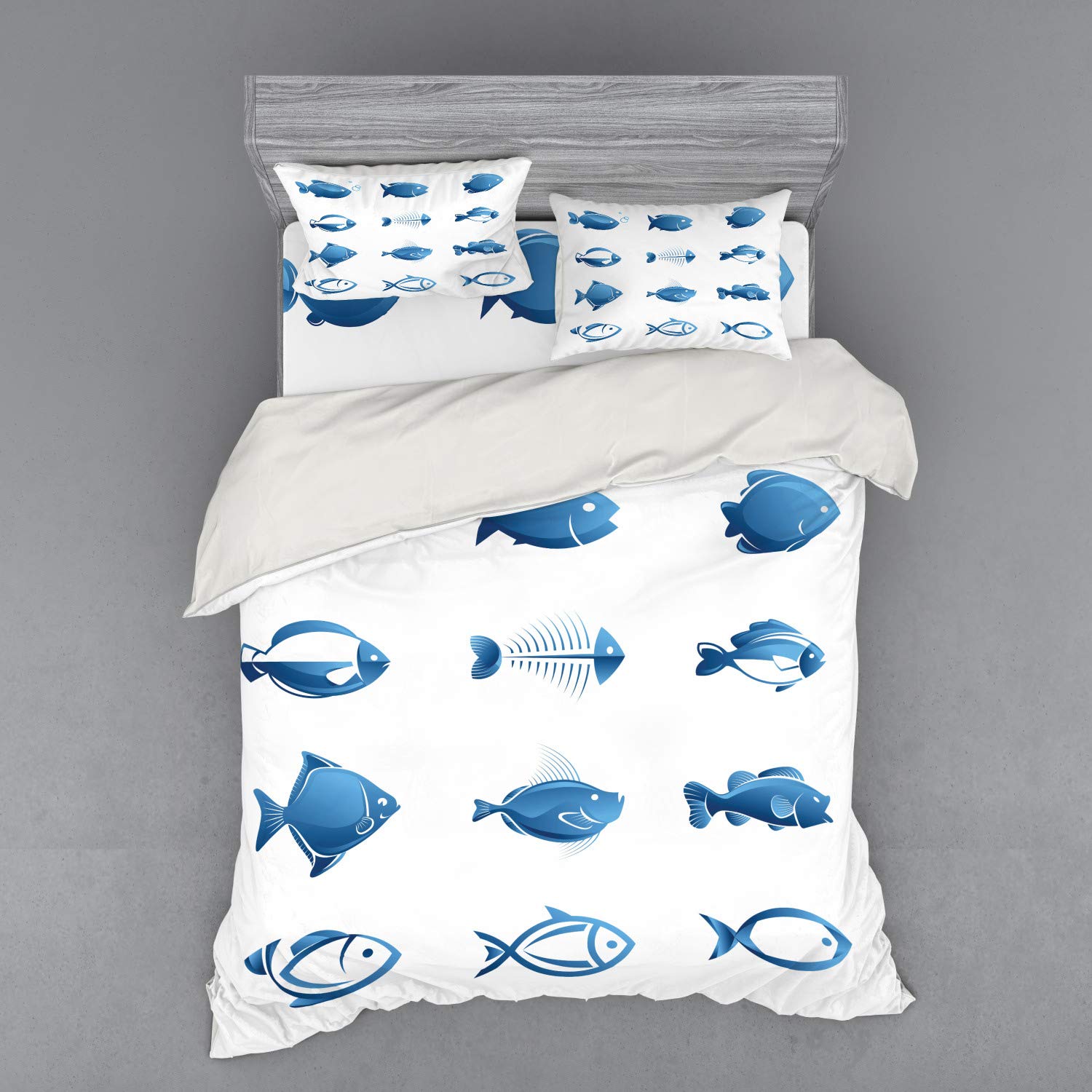 Ambesonne Queen Size 4-Piece Fish Bedding Set - Blue & White Marine Life Duvet Cover with Shams & Fitted Sheet | Ocean Themed Bedroom Decor for Beach House, Kids Room or Underwater Theme Nursery