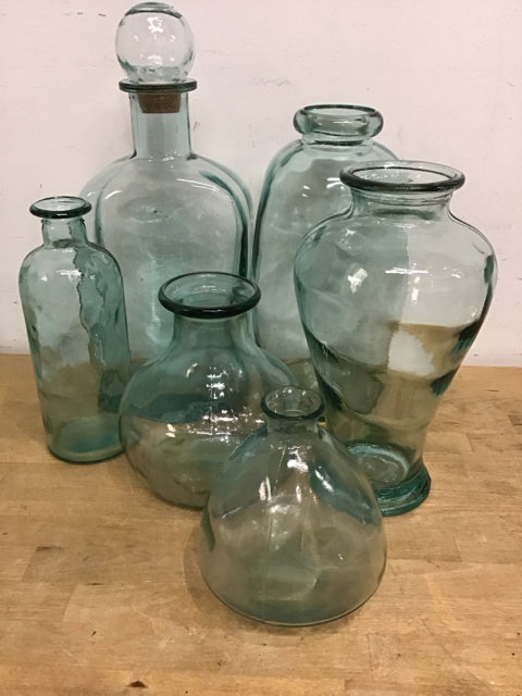 Premium Set of 6 Elegant Green Glass Bottles - Vintage Style Decorative Storage Containers for Kitchen, Bathroom & Home Decor | Perfect for Olive Oil, Vinegar, Spices & DIY Crafts