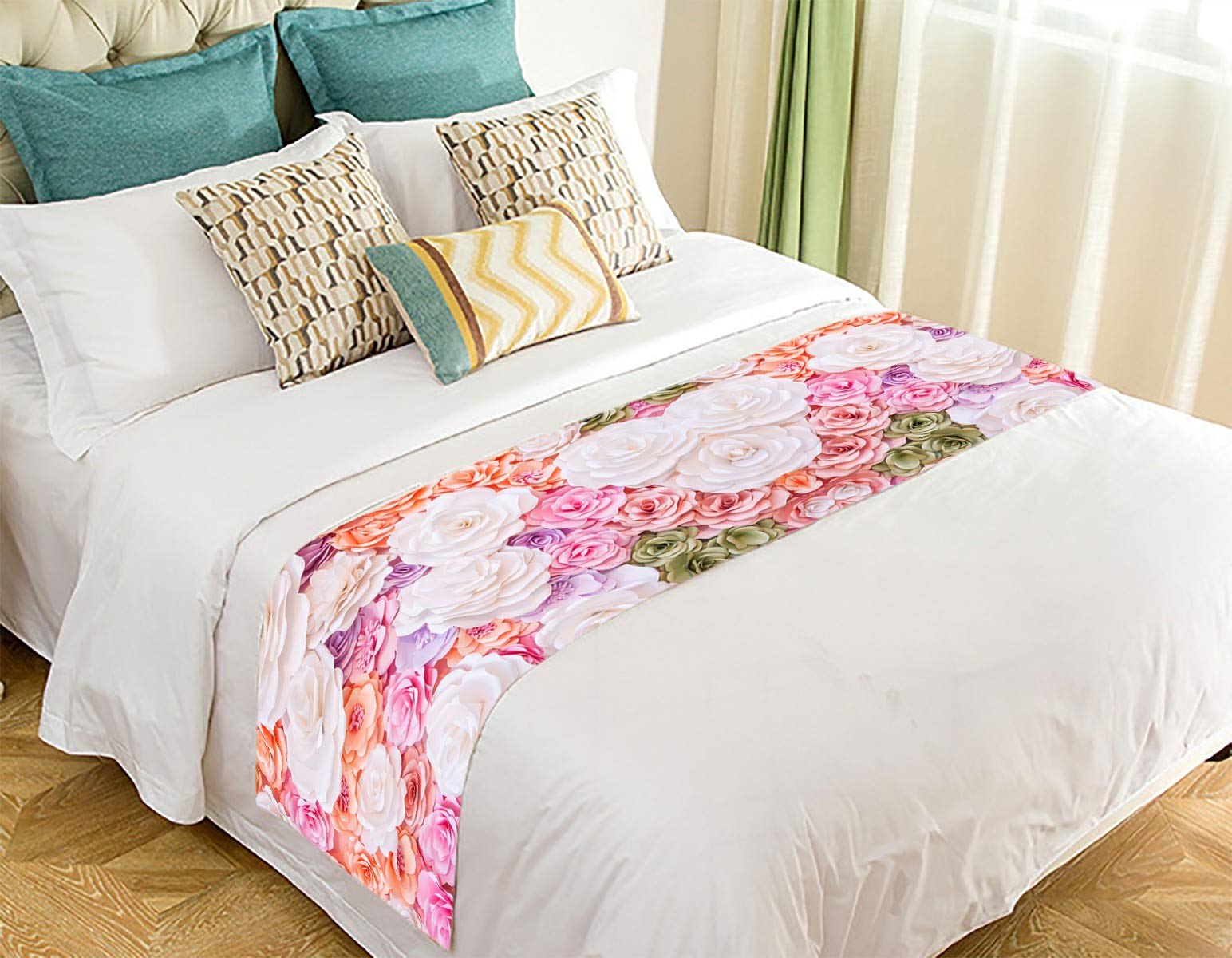 ECZJNT Colorful Floral Paper Bed Runner - 20x95 Inch Decorative Bed Scarf for Wedding, Party & Home Decor - Perfect for Bedroom, Guest Room & Event Styling