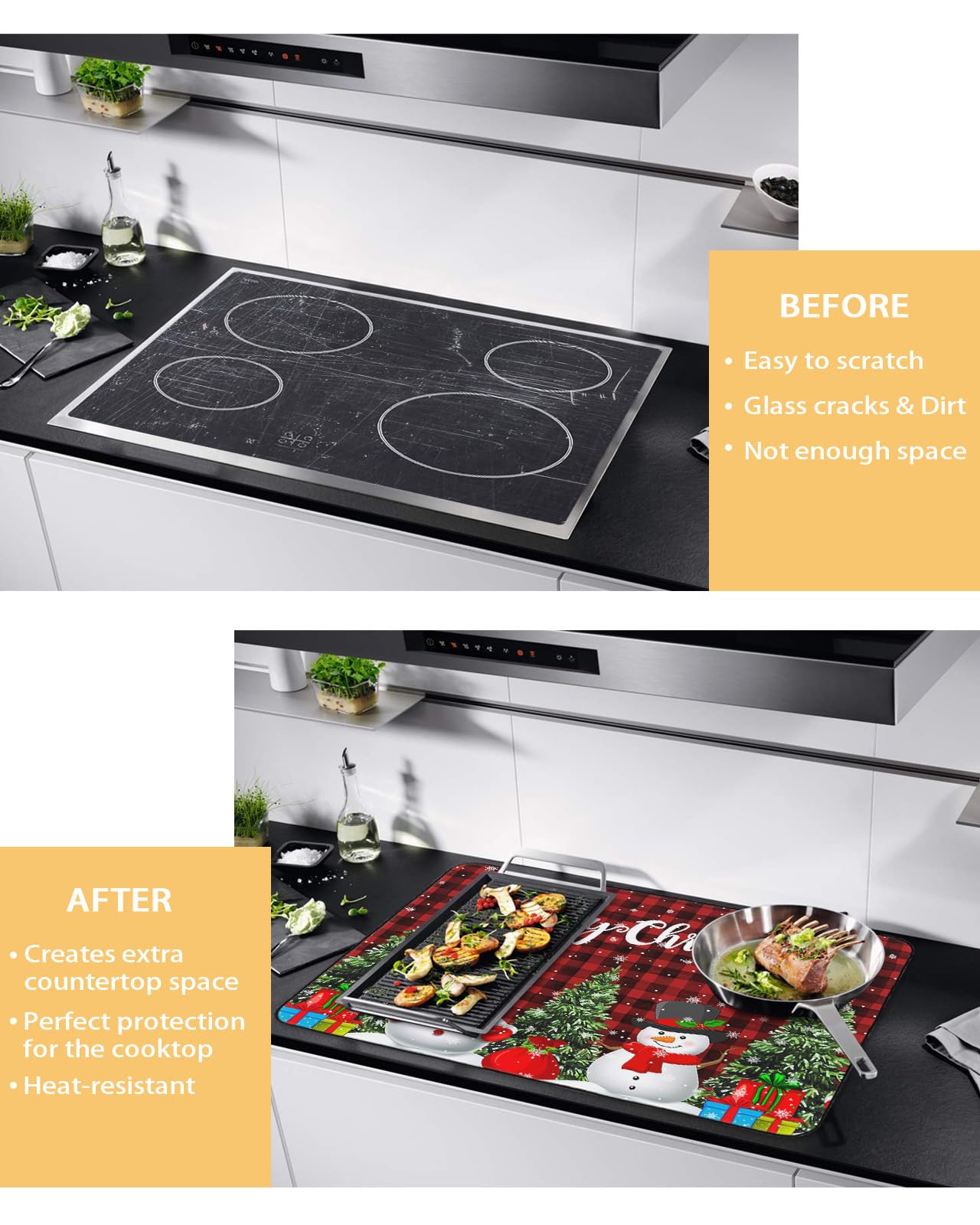 Electric Stove Cover - Heat Resistant Rubber Mat with Christmas Snowman & Xmas Tree Design, Buffalo Plaid Red Black Foldable Cooktop Protector for Glass Top Stoves, 28.5