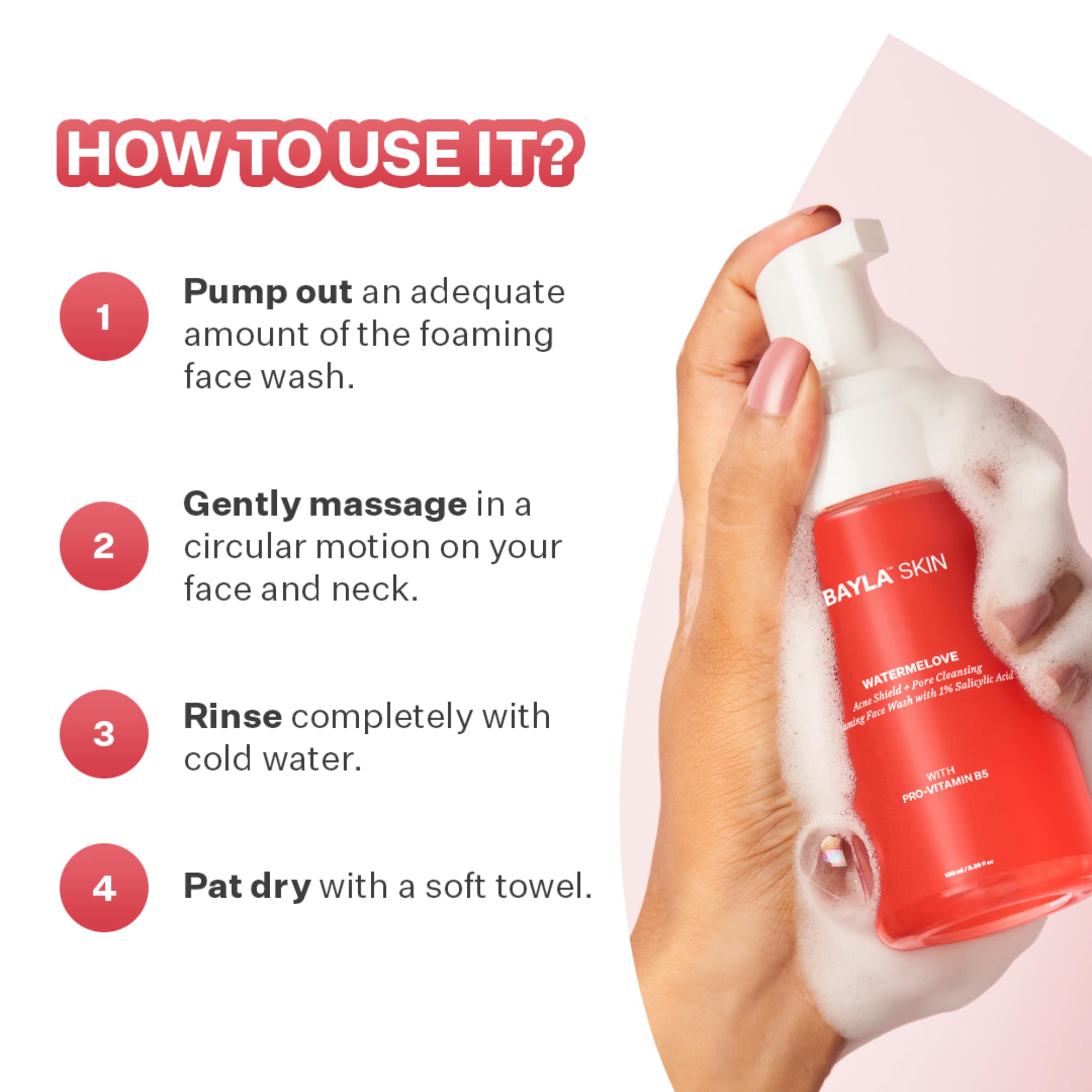 Bayla Skin Watermelon Anti-Acne Face Wash with 1% Salicylic Acid - Sulfate-Free Foaming Cleanser for Acne, Blackheads & Whiteheads - Gentle & Odorless 100ml - Perfect for Daily Skincare & Sensitive Skin