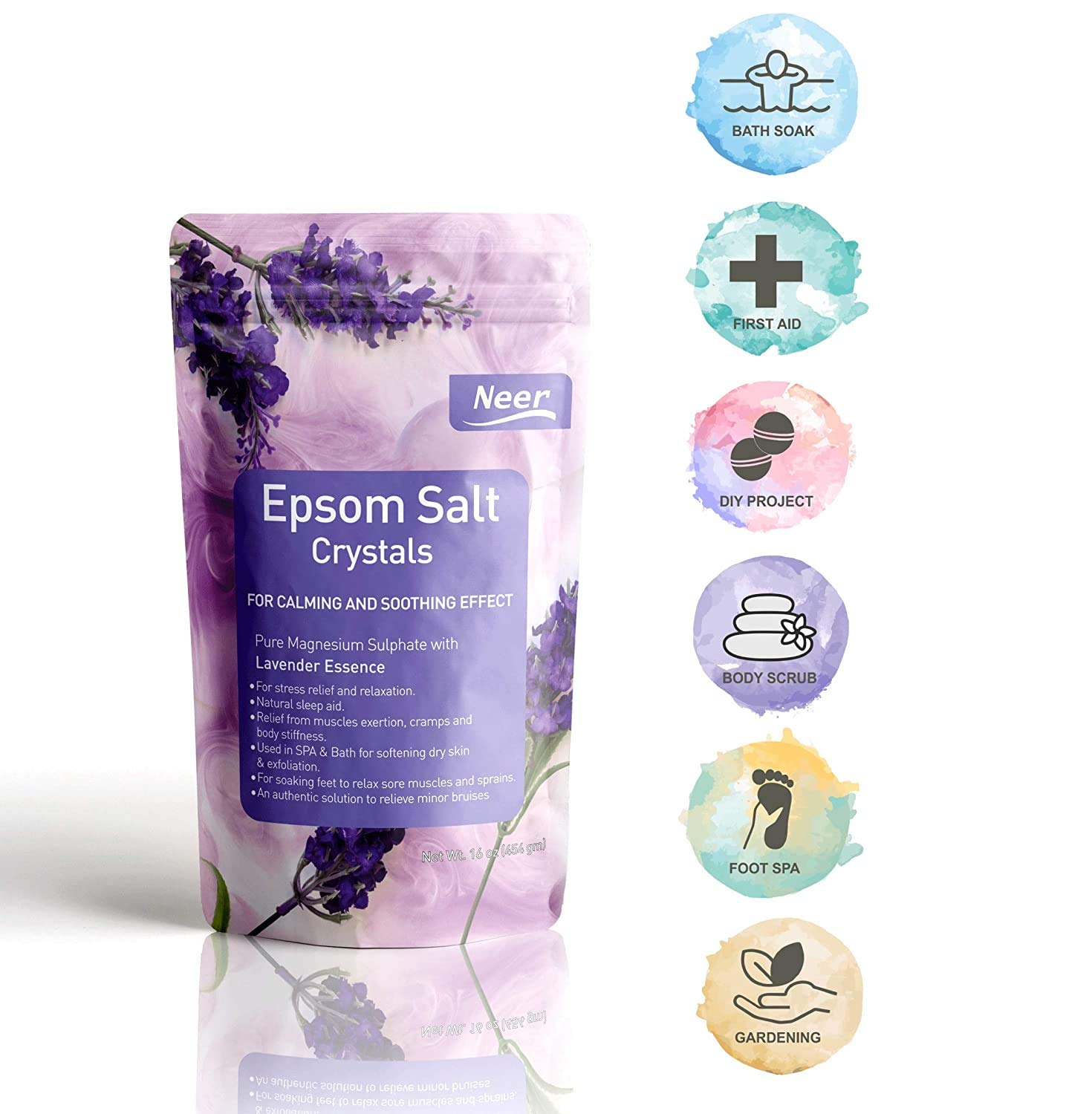 NEERCHEM Lavender Epsom Salt Crystals - 16oz (454g) Pure Magnesium Sulfate for Relaxation, Muscle Recovery & Stress Relief | Perfect for Bath Soak, Foot Soak & Aromatherapy Spa at Home