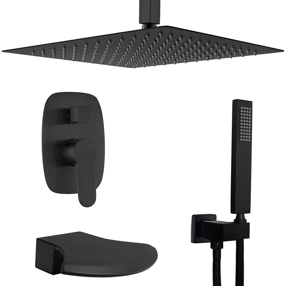 KATAIS Matte Black Ceiling Mounted Shower System - 12 Inch Rainfall Shower Head with Waterfall Spout Tub Set | Luxury Bathroom Upgrade for Spa-Like Experience