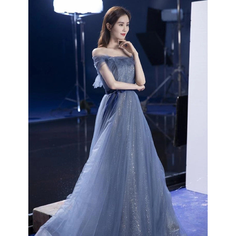 Elegant Off Shoulder Blue Long Prom Dress - A-Line Evening Formal Gown for Women - Perfect for Homecoming, Prom Night & Special Occasions