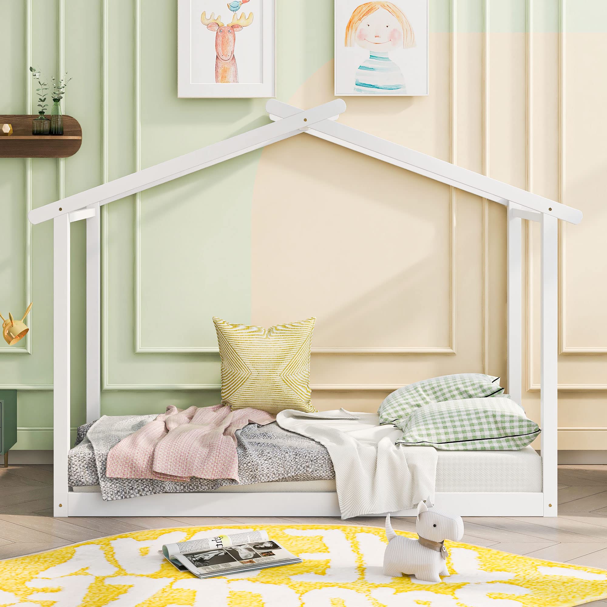 Solid Wood House Bed Frame - Twin XL/King Size Platform Bed with Trundle & Roof Design | Kids Floor Bed with Wood Slats Support | House-Shaped Daybed for Bedroom, Living Room, Playroom & Nursery | Sturdy Wooden Bed Frame for Toddlers & Teens