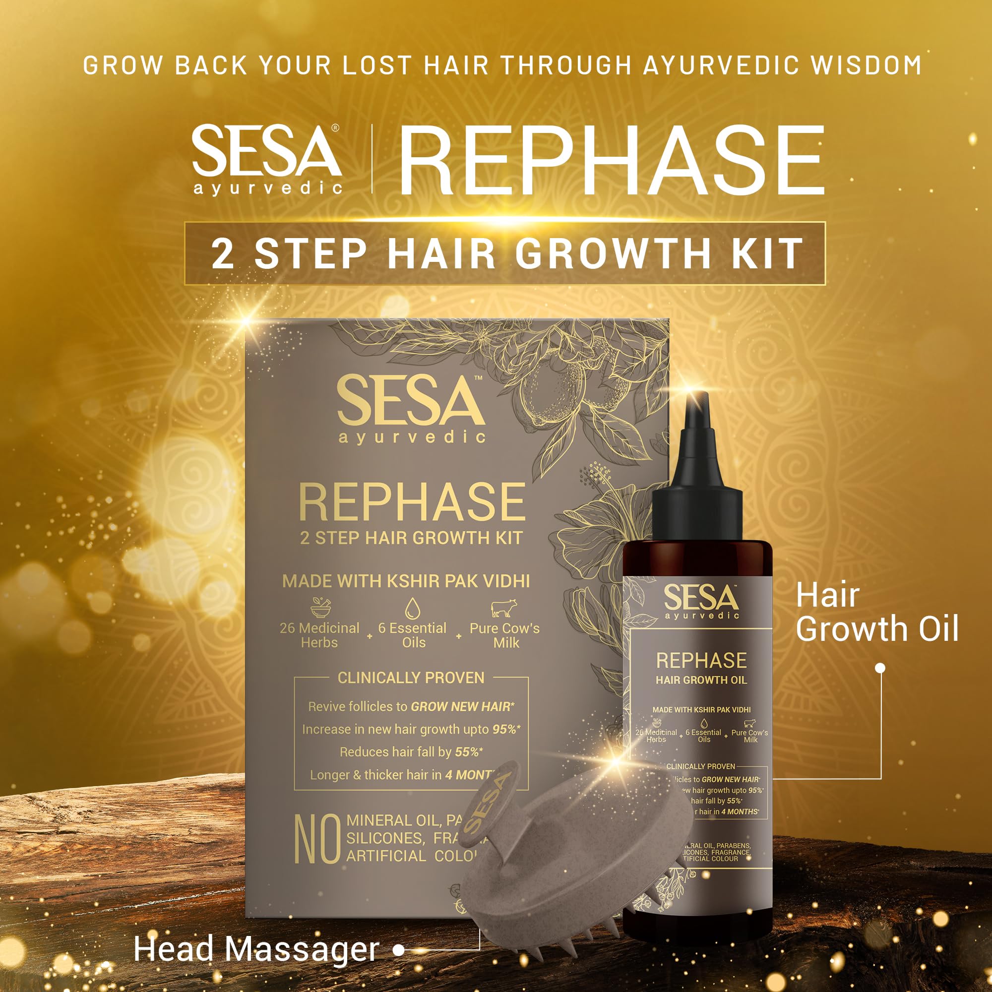 SESA Ayurvedic Rephase 2 Step Hair Growth Oil Kit - 26 Herbs & 6 Essential Oils for Stronger Hair, Reduces Hair Fall with Scalp Massager - 100ml Natural Hair Treatment for Women & Men - Perfect for Daily Hair Care & Scalp Nourishment