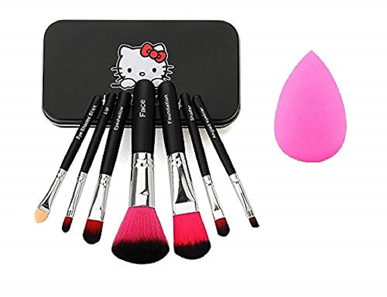 Soft Bristle 7-Piece Black Makeup Brush Set with Pink Beauty Blender - Perfect for Professional & Home Makeup