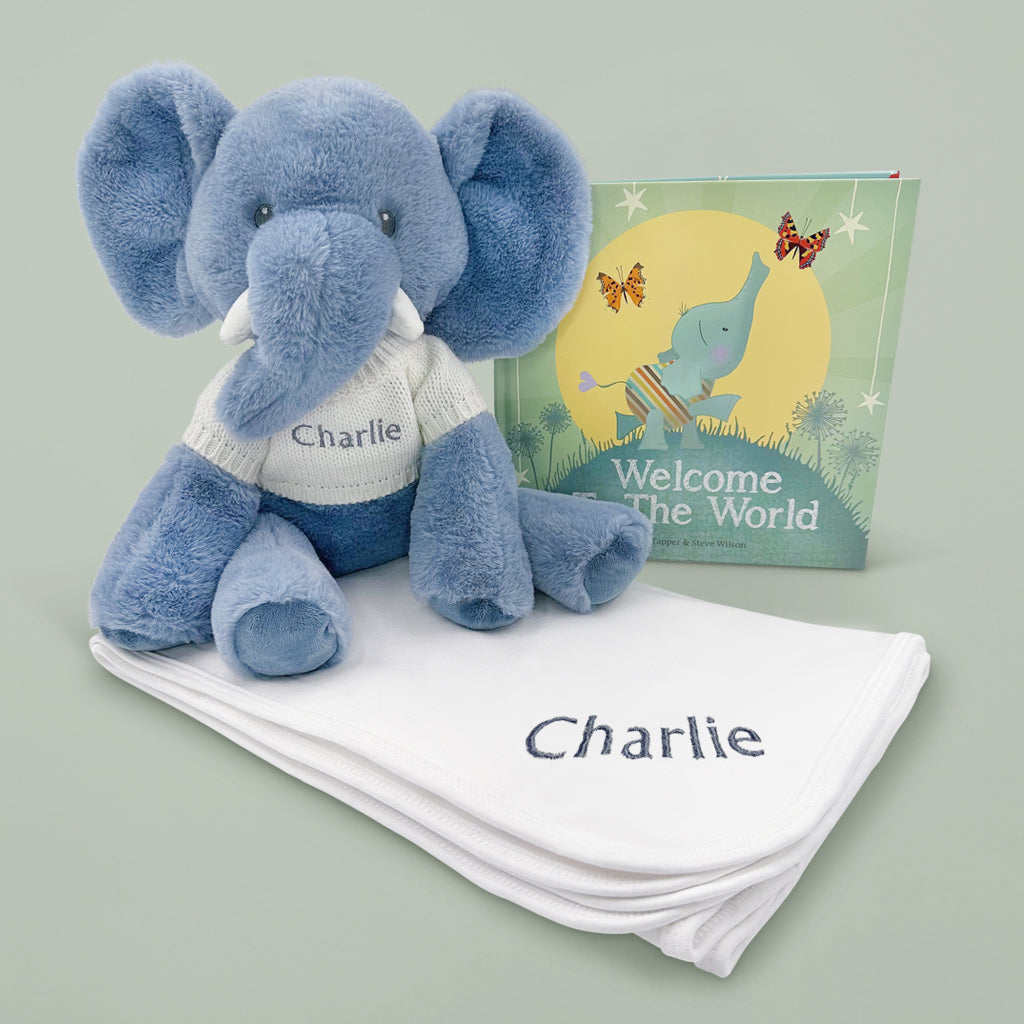 Personalized Esme Elephant Plush Toy with Snuggle Wrap & Storybook - Soft White Cuddly Stuffed Animal for Babies, Toddlers & Kids | Perfect for Nursery Decor, Baby Showers & Bedtime Comfort