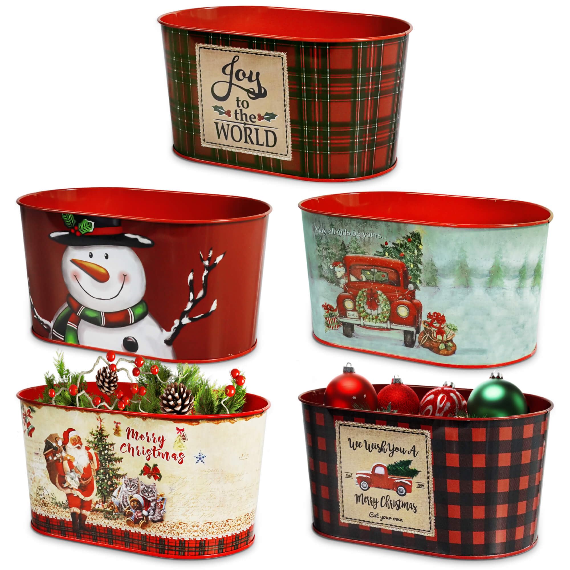 Christmas Metal Buckets - 5 Pack Galvanized Tin Pails for Holiday Decor & Table Centerpieces (7.9
