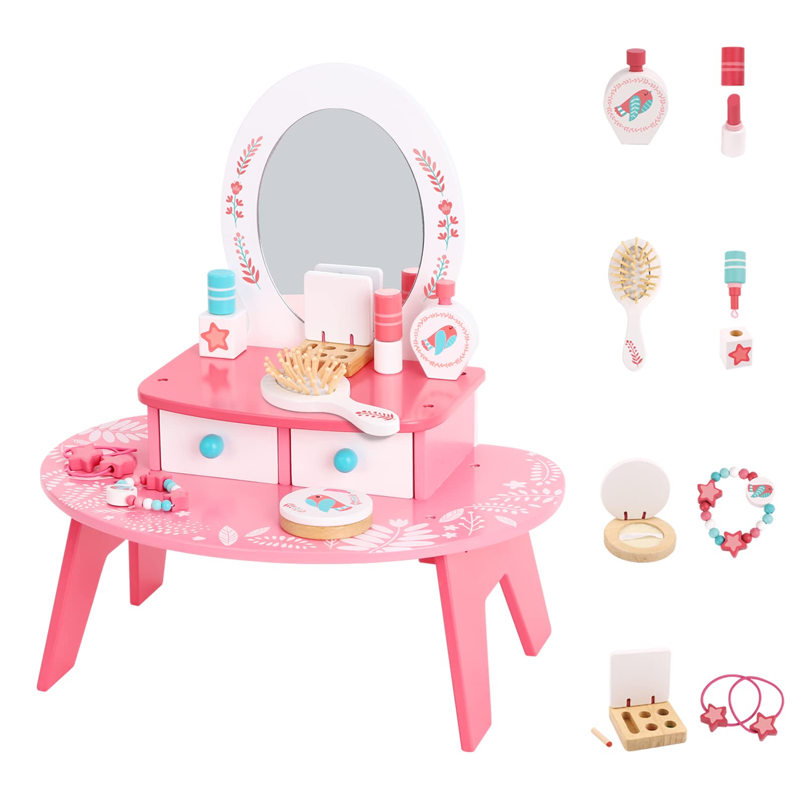 Tookyland Princess Vanity Toy Set for Toddlers - Wooden Makeup Table with Mirror & Accessories for Girls' Pretend Play