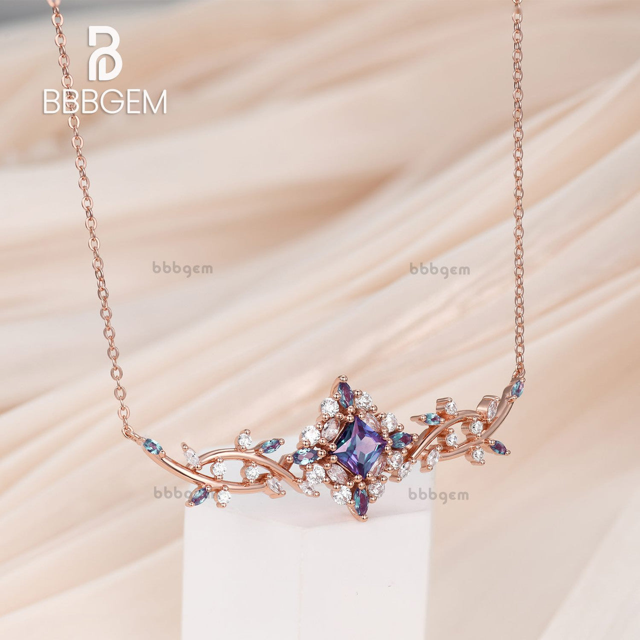 Exquisite Synthetic Alexandrite & Moissanite Princess Cluster Necklace | Elegant Women's Jewelry for Parties, Weddings & Special Occasions | Perfect Gift for Anniversary, Birthday & Evening Events