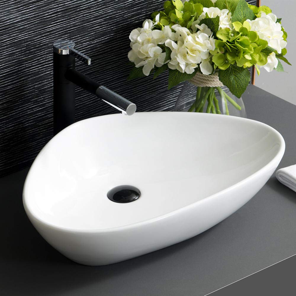 White Oval Ceramic Vessel Sink - Modern Triangle Countertop Bathroom Basin for Vanity & Powder Room | SHAWLA Premium Washbasin