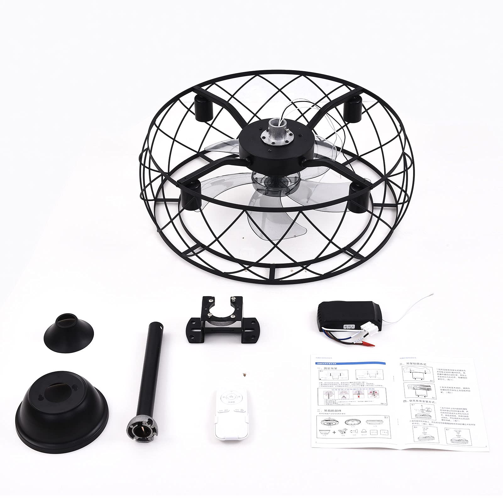 20 Inch Black Industrial Metal Cage Ceiling Fan with Remote Control & Lights - Rustic Style for Living Room, Bedroom, or Office