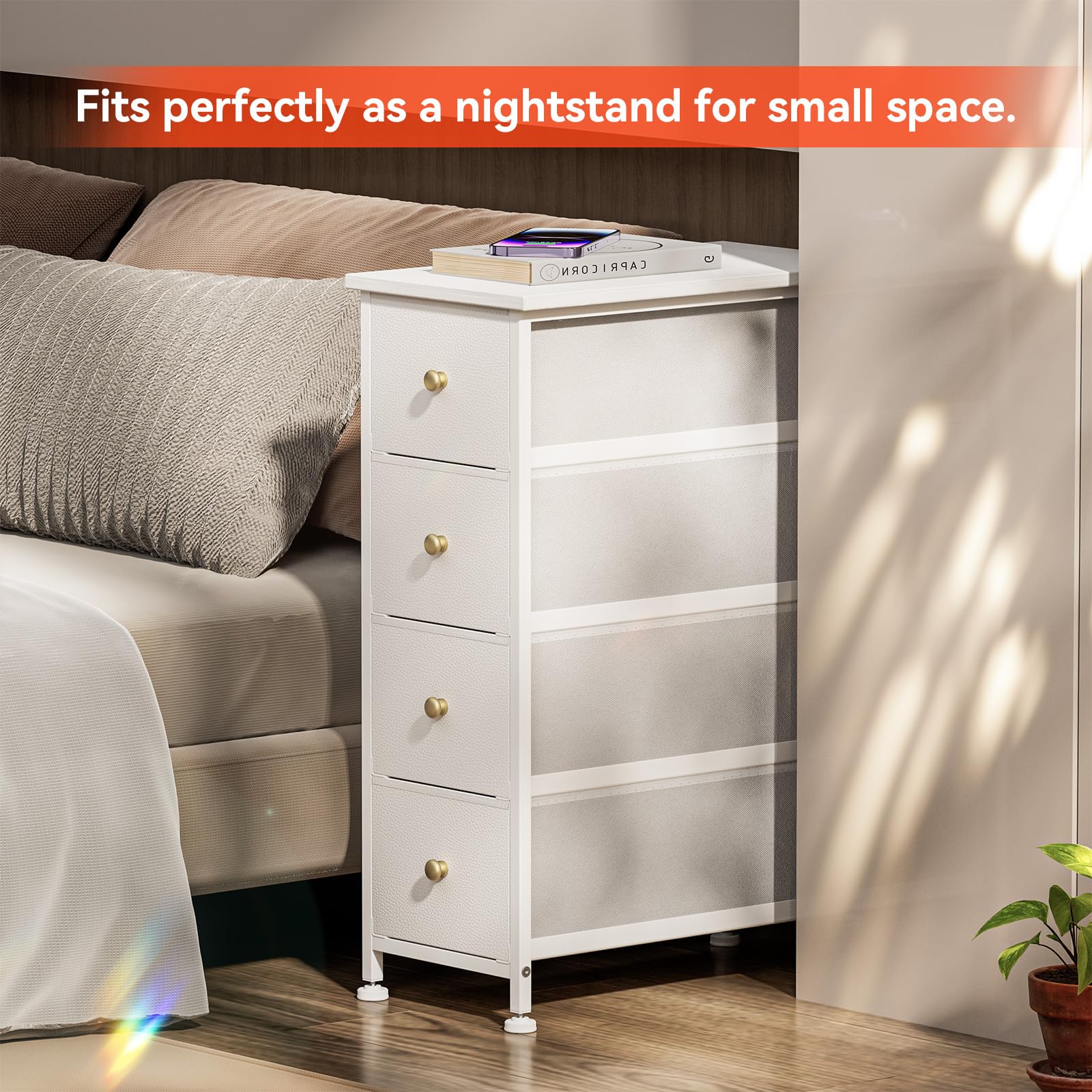 Slim 4-Drawer Dresser with Wood Top & Steel Frame - White for Bedroom & Small Spaces