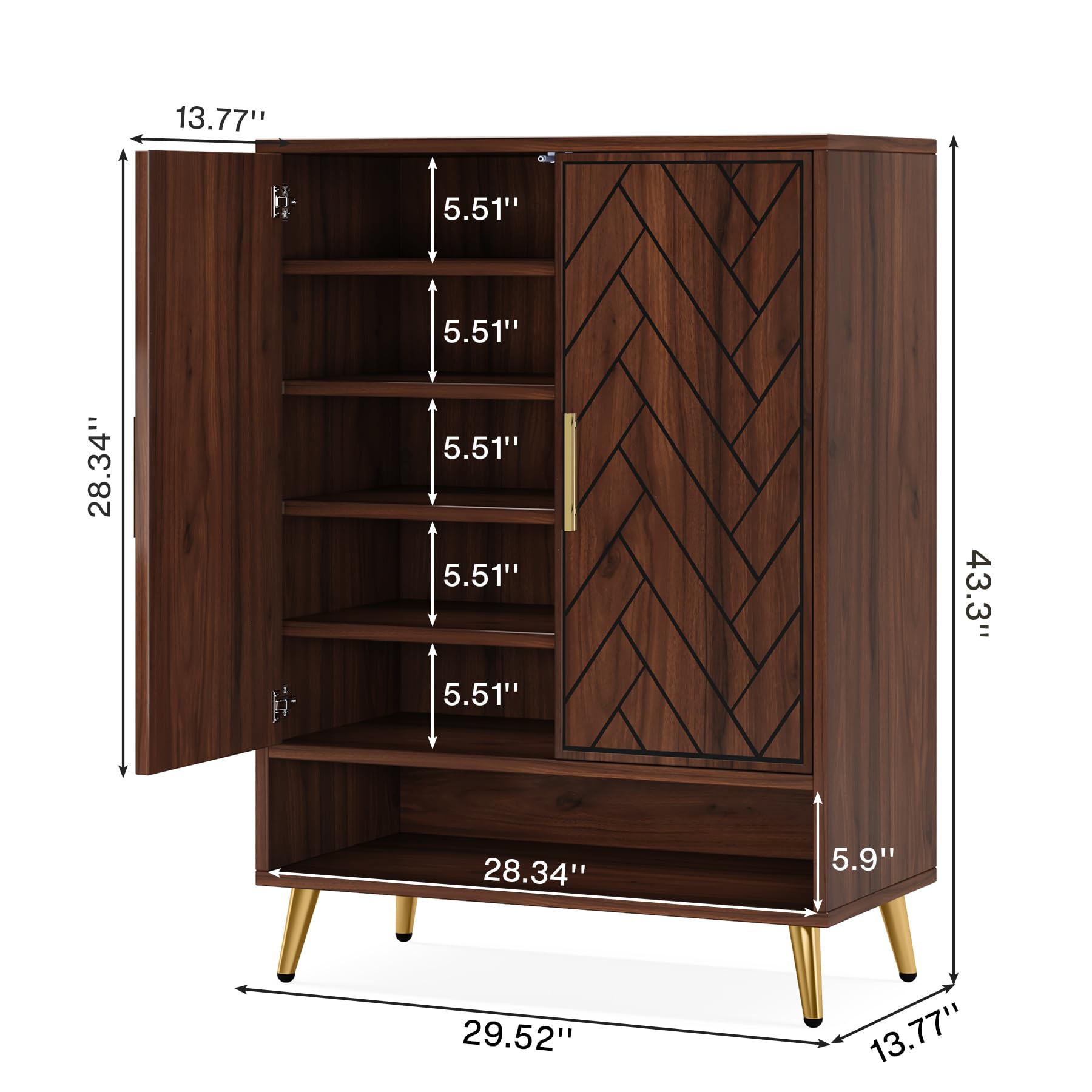 Tribesigns 6-Tier Shoe Storage Cabinet with Doors - 18 Pairs Entryway Shoe Organizer, Adjustable Shelves Wooden Shoe Rack for Living Room, Bedroom, Hallway - Walnut Finish with Gold Legs | Perfect for Small Spaces & Home Organization