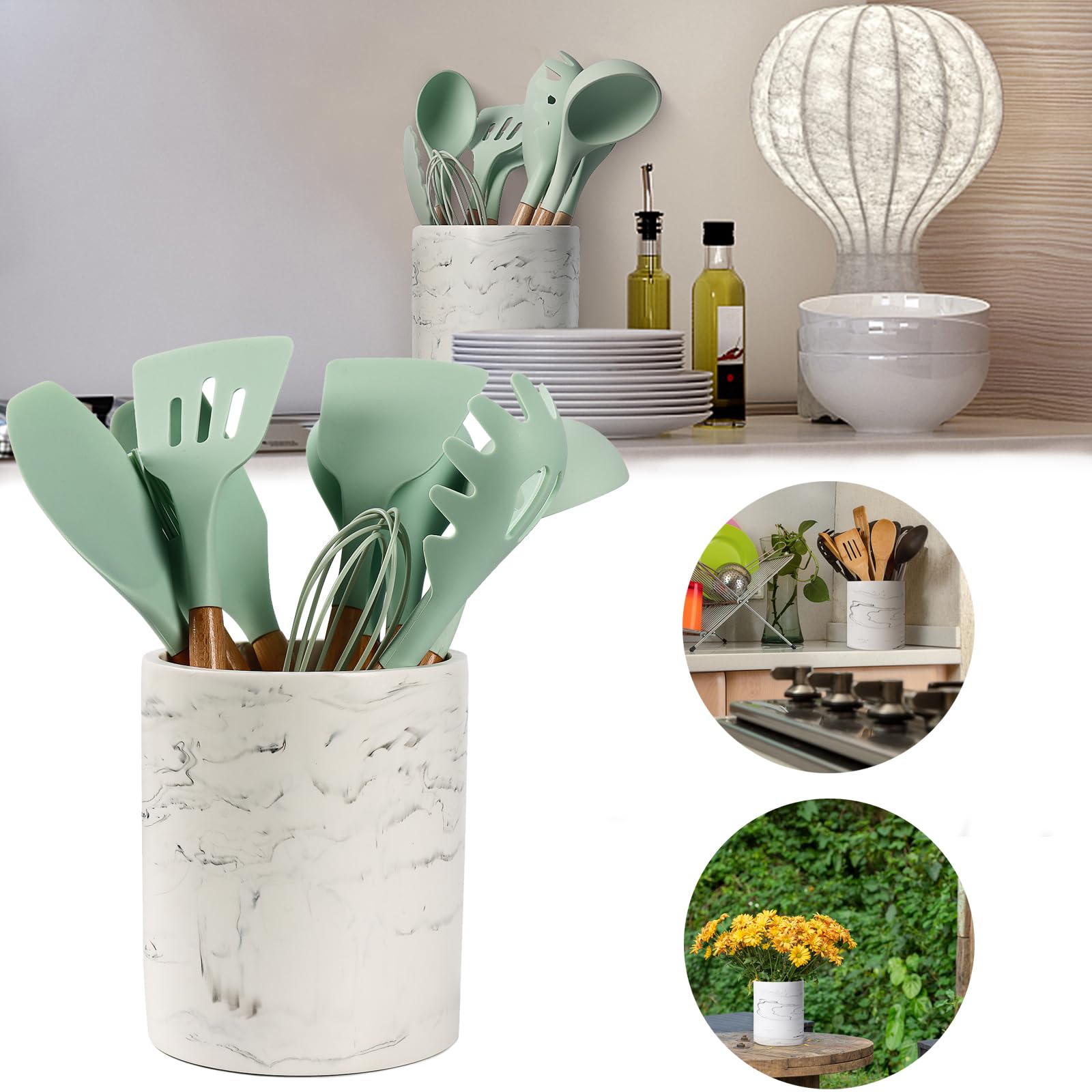 Stainless Steel Kitchen Utensil Holder - Countertop Organizer for Spoons, Forks, Chopsticks & Flatware - Durable Resin Utensil Caddy with White Marble Design - Perfect for Kitchen Counter, Dining Table & Restaurant Use