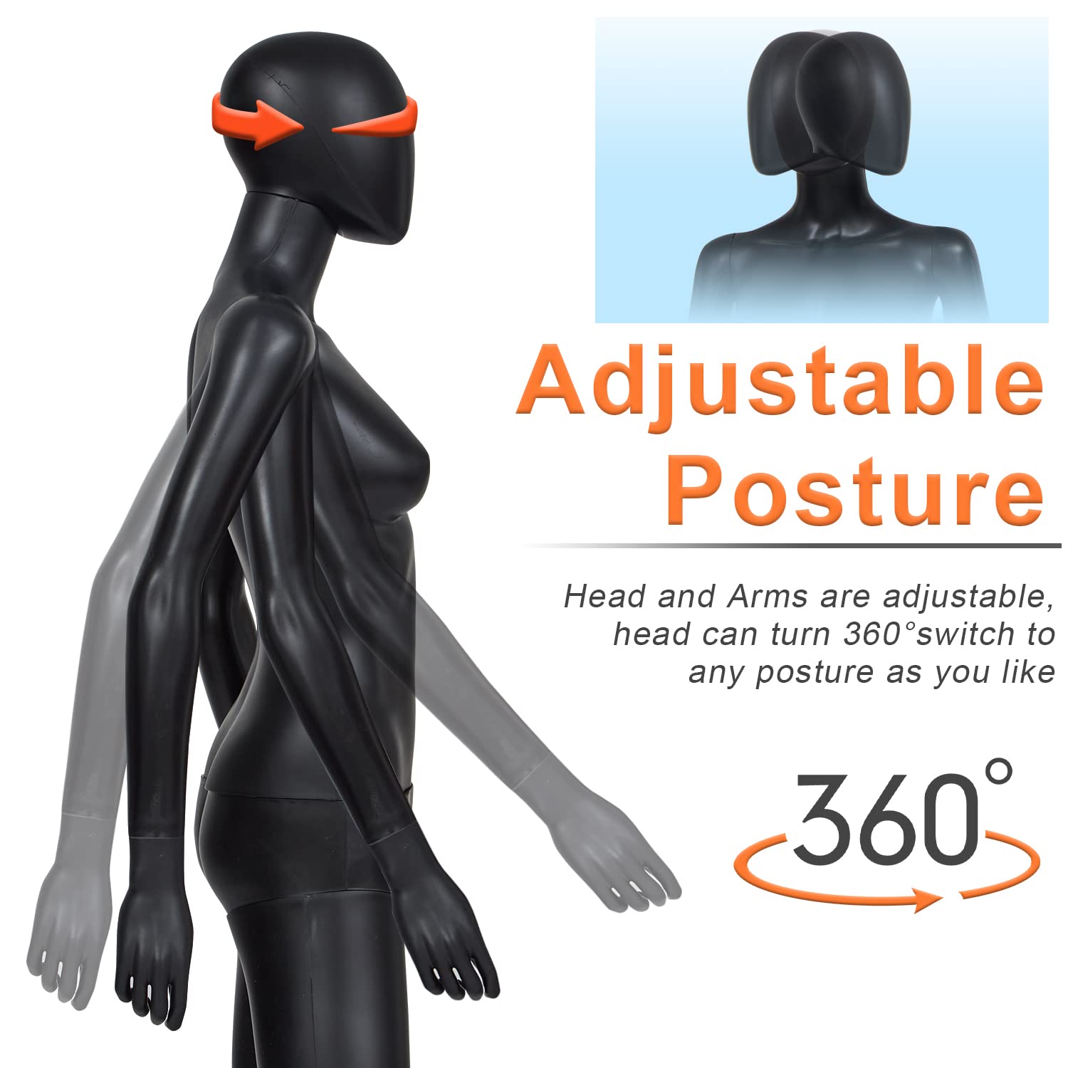 Adjustable Female Mannequin with Detachable Body & Metal Stand - Black Full Body Dress Form for Clothing Display, Fashion Boutique, Cosplay Costume Fitting, and Holiday Decor