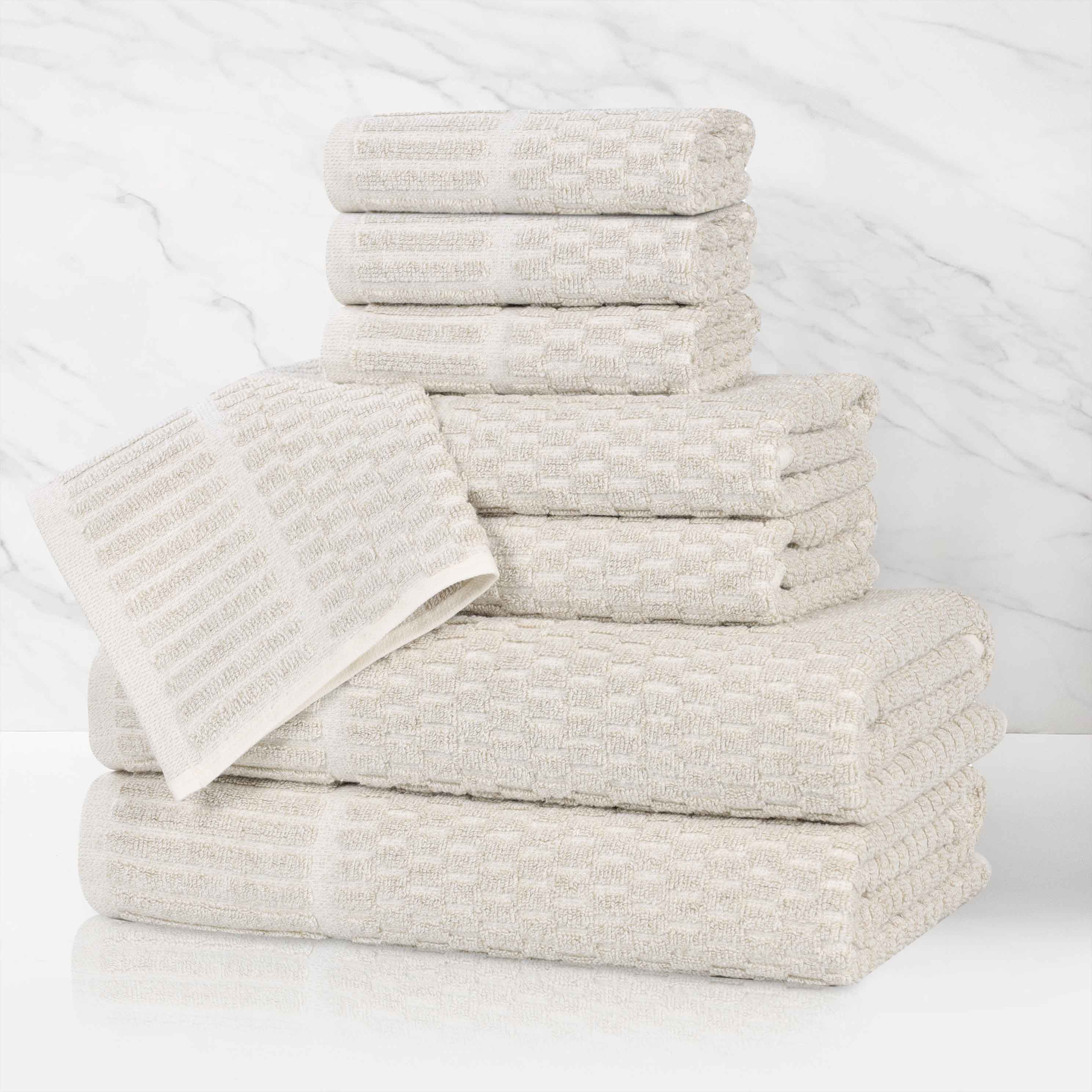 Premium 8-Piece Cotton Blend Checkered Border Towel Set - Medium Weight, Soft & Absorbent for Bathroom, Kitchen & Guest Use