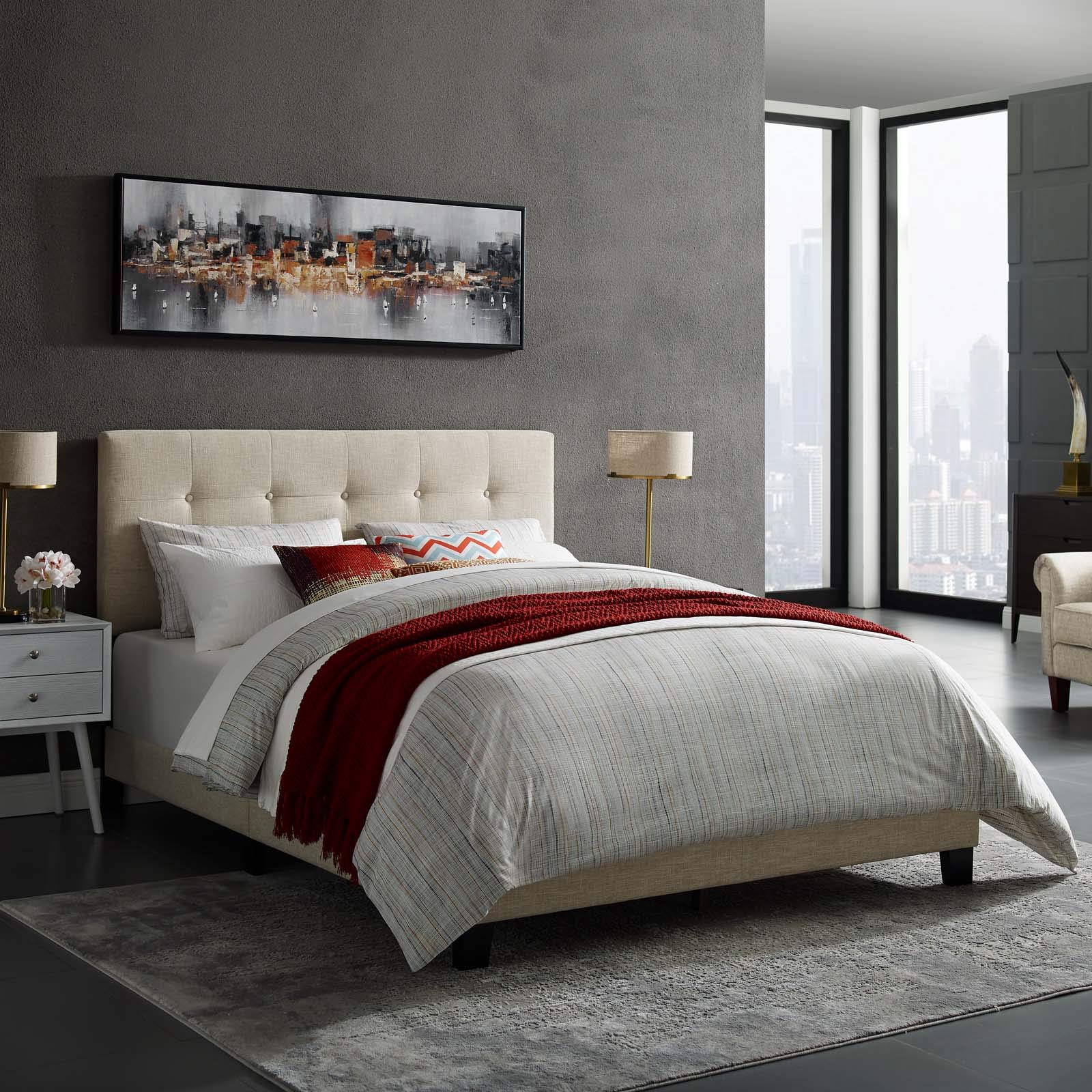 Modern Contemporary Urban Design Beige Fabric Platform Bed Frame for Stylish and Minimalist Bedrooms