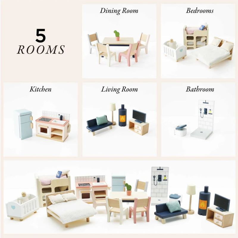Complete Doll House Furniture Set for Kids - Miniature Wooden Bed, Sofa, Table & Chairs - Perfect for Pretend Play, Room Decor & Gift