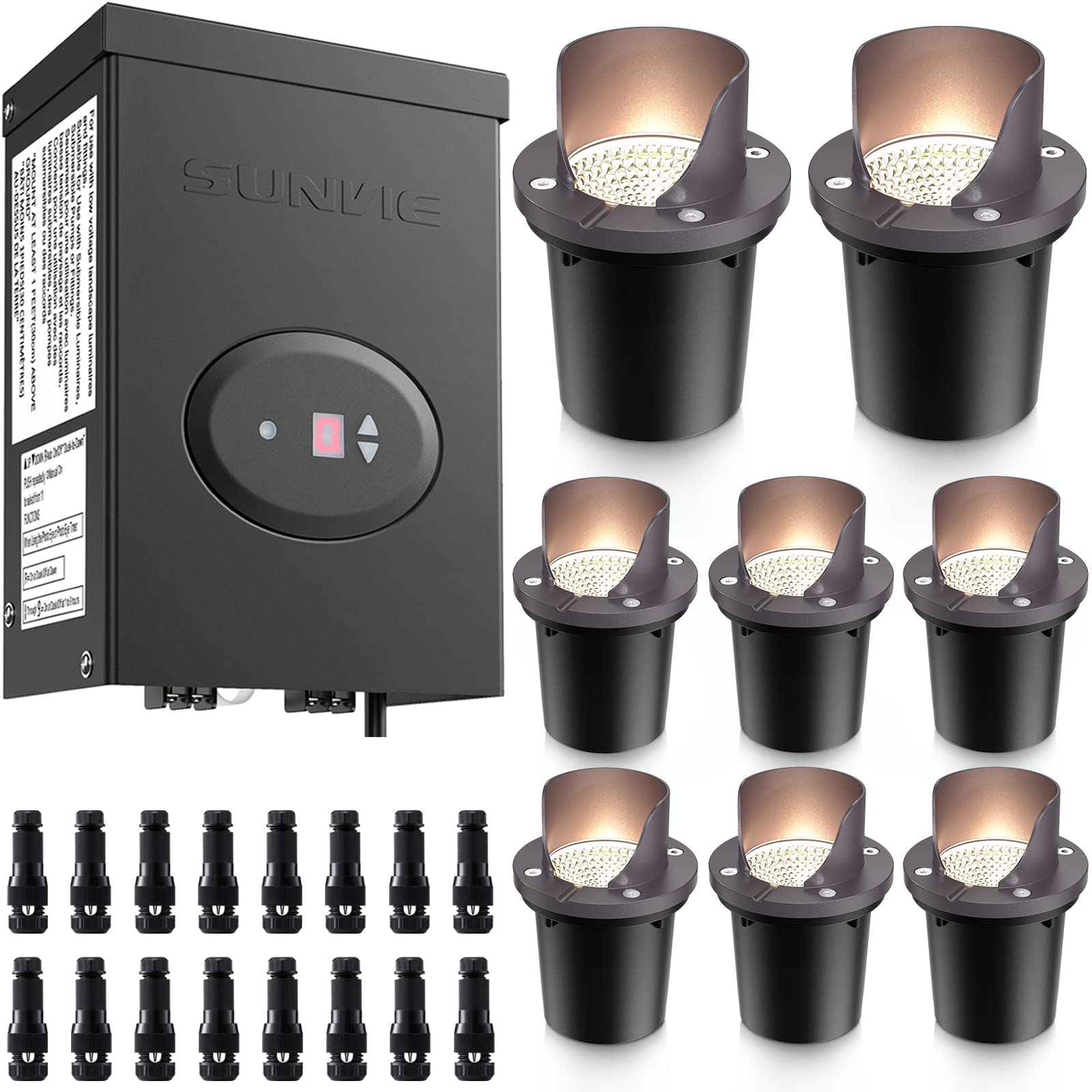 SUNVIE 8 Pack LED Low Voltage Landscape Lights with 200W Transformer & Connector - Waterproof Warm White Well Lights for Garden, Yard, Pathway - ETL Listed with Timer & Photocell Sensor - Perfect for Outdoor Landscape Lighting & Home Decoration