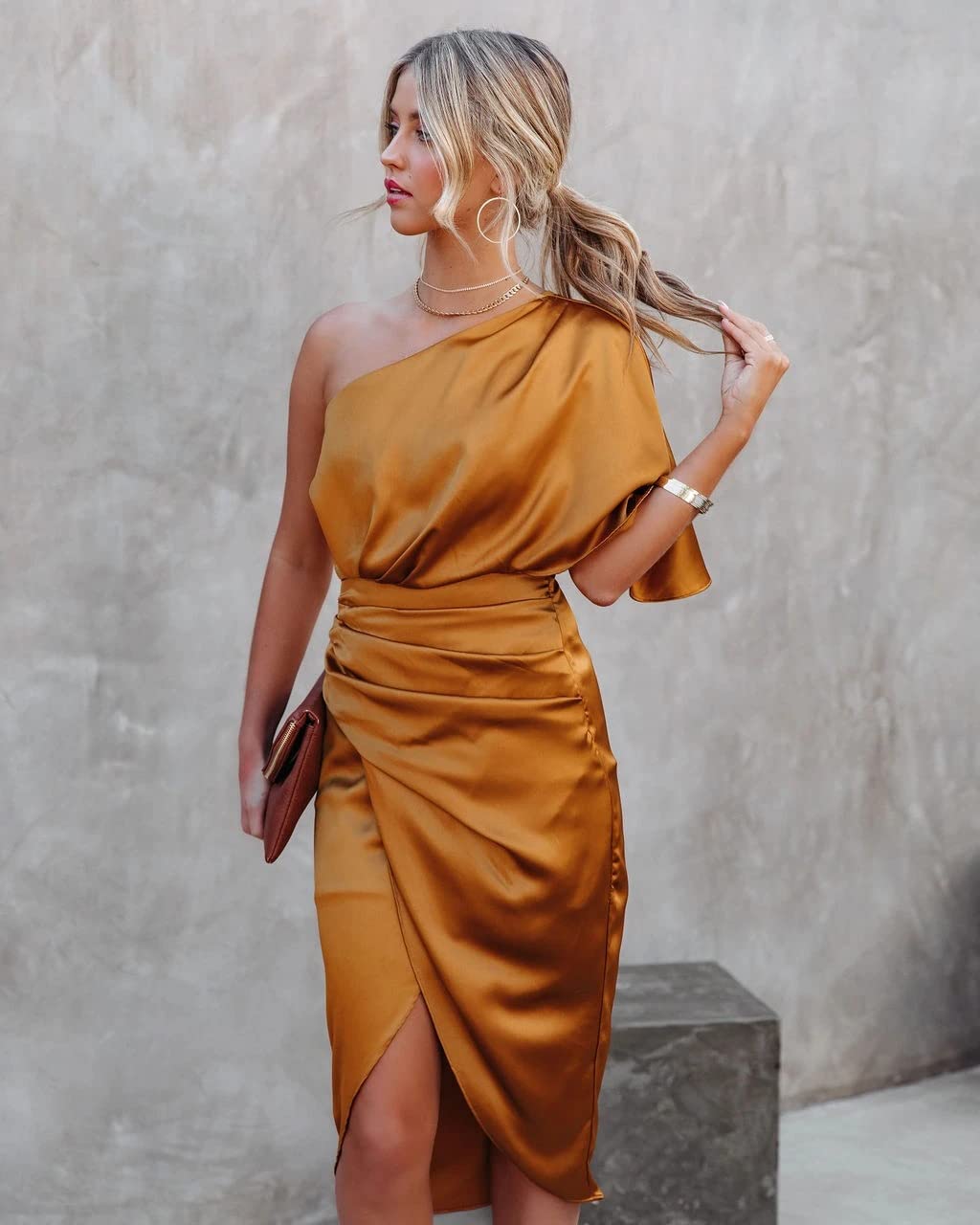 Elegant Women's One Shoulder Satin Bodycon Dress with Ruched Detail, Asymmetrical Split & Wrap Belt - Perfect for Cocktail Parties, Date Nights & Formal Events
