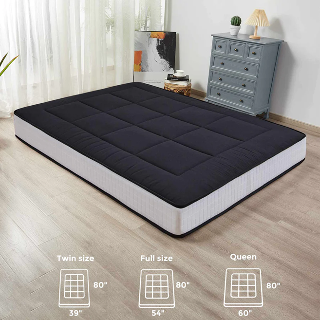 MAXYOYO Padded Japanese Floor Mattress - Black Foldable Roll Up Futon for Bedroom, Guest Room & Travel | Comfortable Floor Sleeping Mat for Adults & Kids